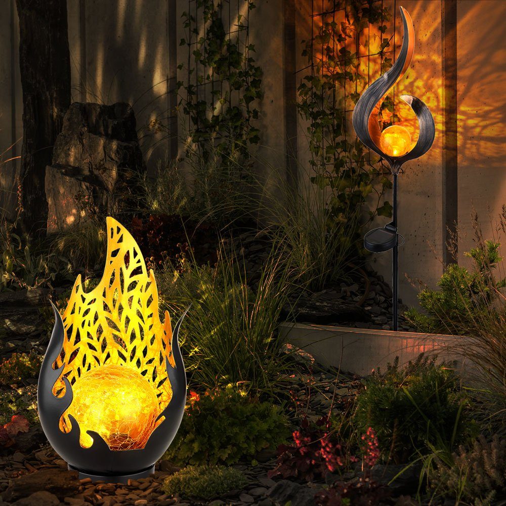 LED Erdspieß Solarlampe Flammen Set 2er Design Gartendeko LED Globo Außenlampe Leuchtmittel Solarleuchte, inklusive,