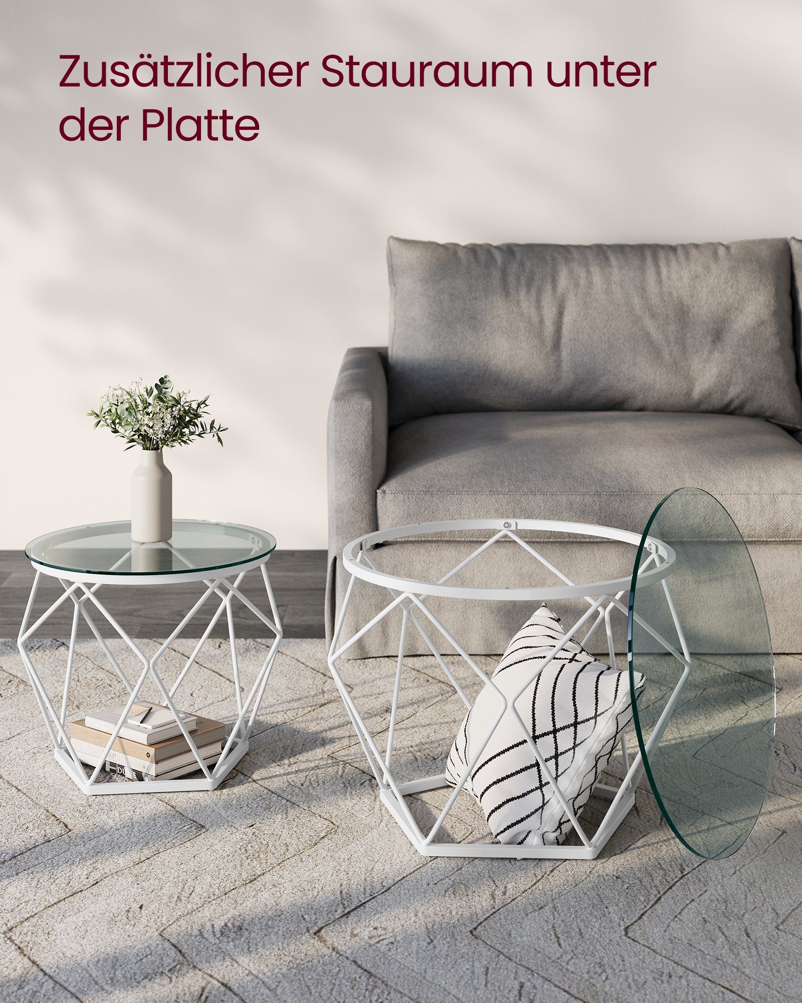 VASAGLE Couchtisch 2er Set Wohnzimmertisch abnehmbare Tischplatte (2er Set, inkl. Zubehörpaket & Anleitung, Glas), für Wohnzimmer, modern, rund, Beistelltisch – Bild 5 von 5