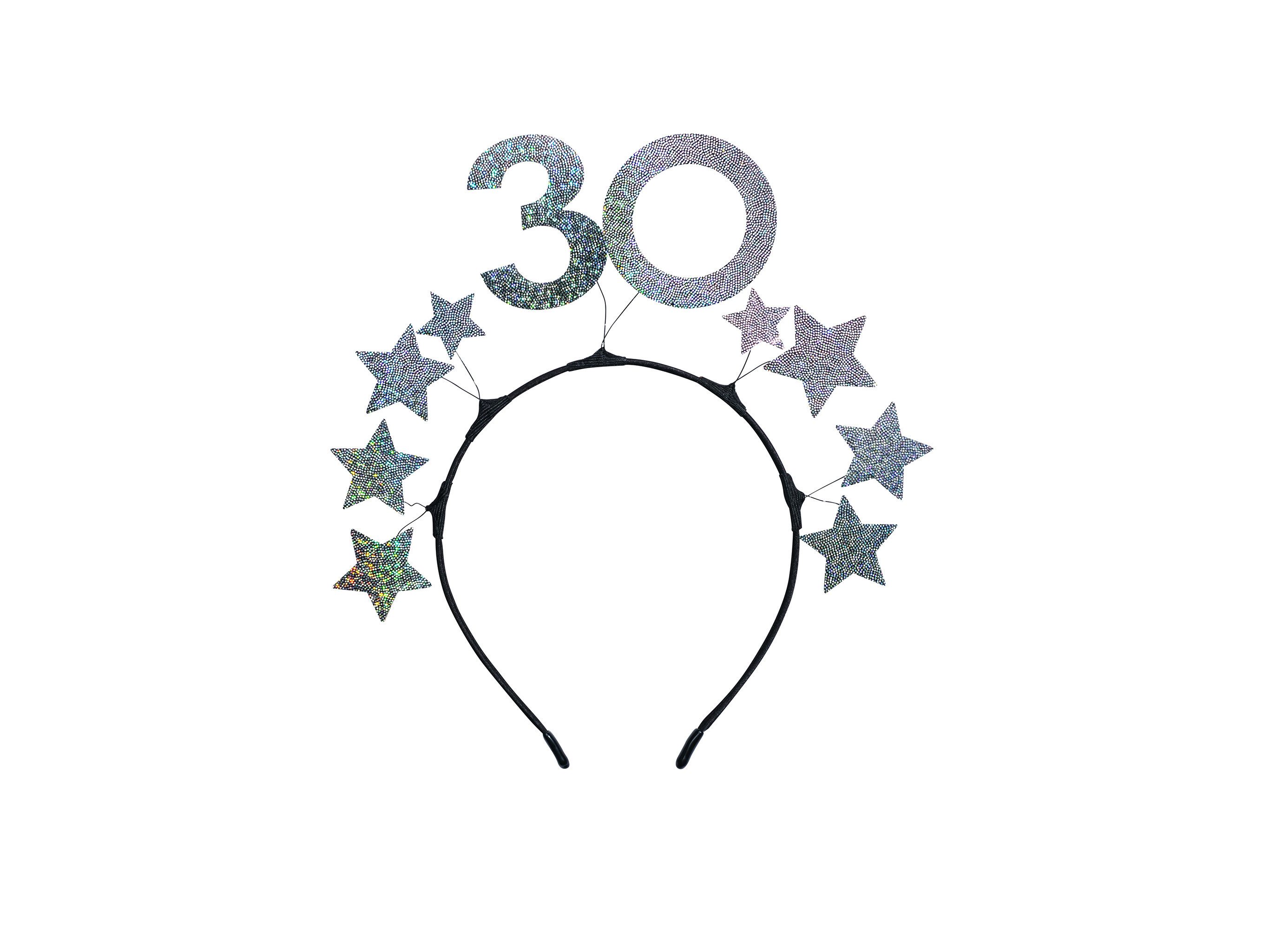 partydeco Haarreif, Haarreif mit der Zahl 30 und Sternen 22x21cm Schwarz / Silber