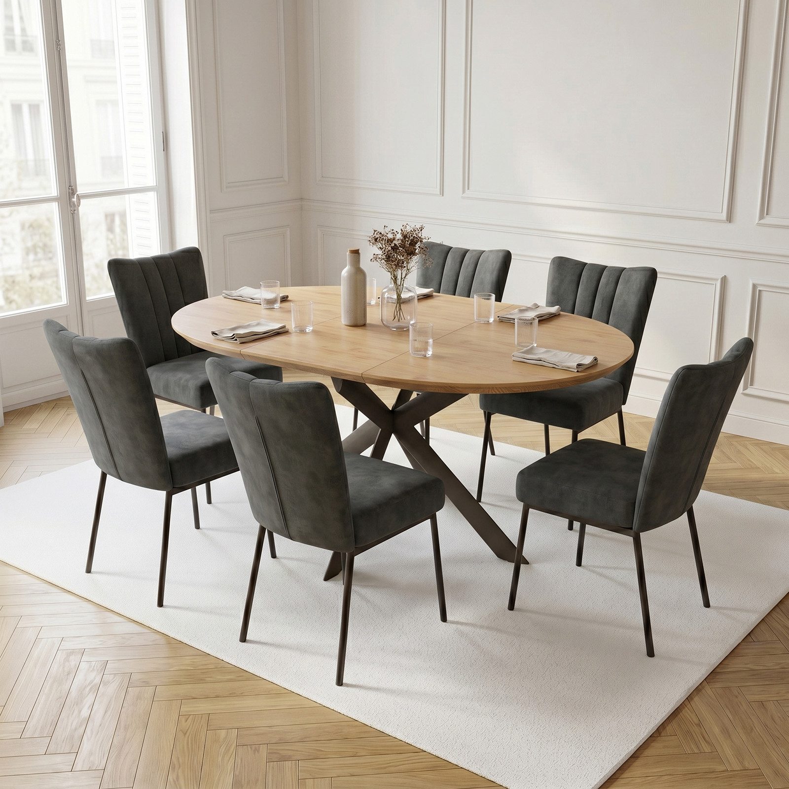 Jiexi Essgruppe Esstisch ausziehbar rund bis oval MDF-Platte mit Samtstühlen
