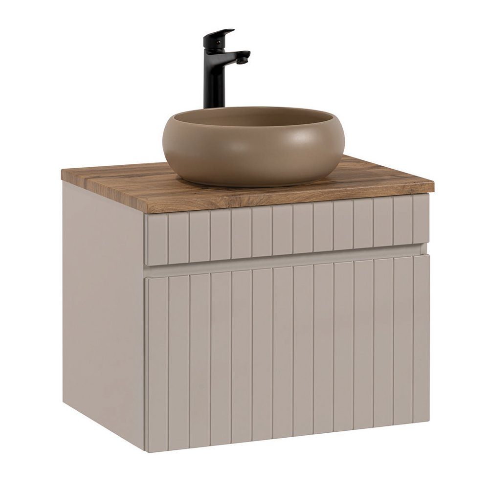 Lomadox Waschtisch IRAKLIO-56-CASHMERE, Kaschmir, Eiche Nb., Waschbecken rund, Waschtisch 61 cm mit Auszug