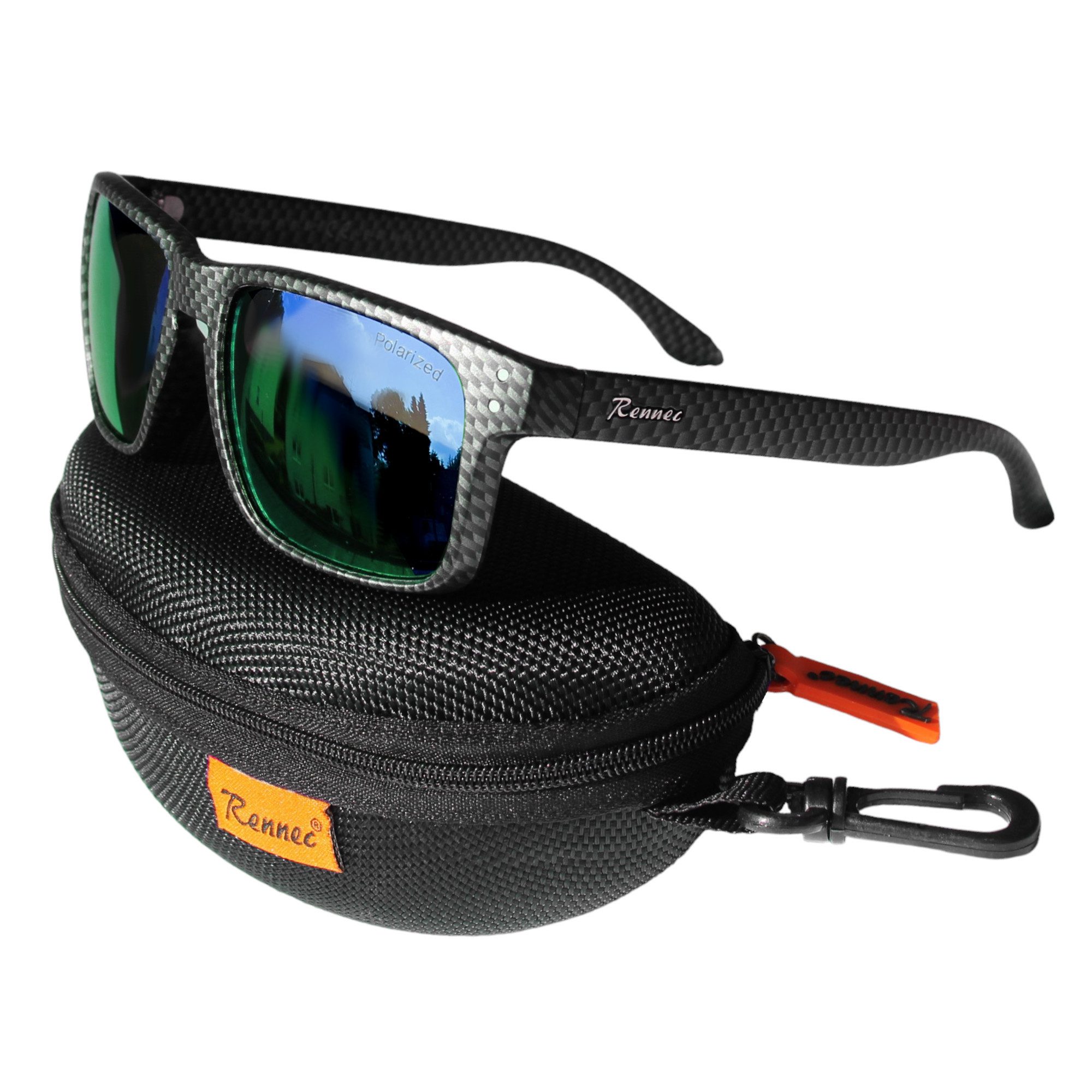 Rennec Sonnenbrille (Marken Sonnenbrille Herren Rechteckig Verspiegelt mit Hardcase) Polarisierte Gläser, Edelstahl Bügelgelenke, Carbon Optik
