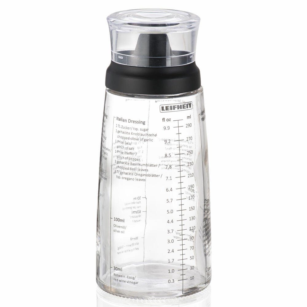 Leifheit Dressing Shaker 300 ml, Glas, Messskala in ml und fl oz und  Rezeptskalen zum direkten Ausmessen in der Flasche