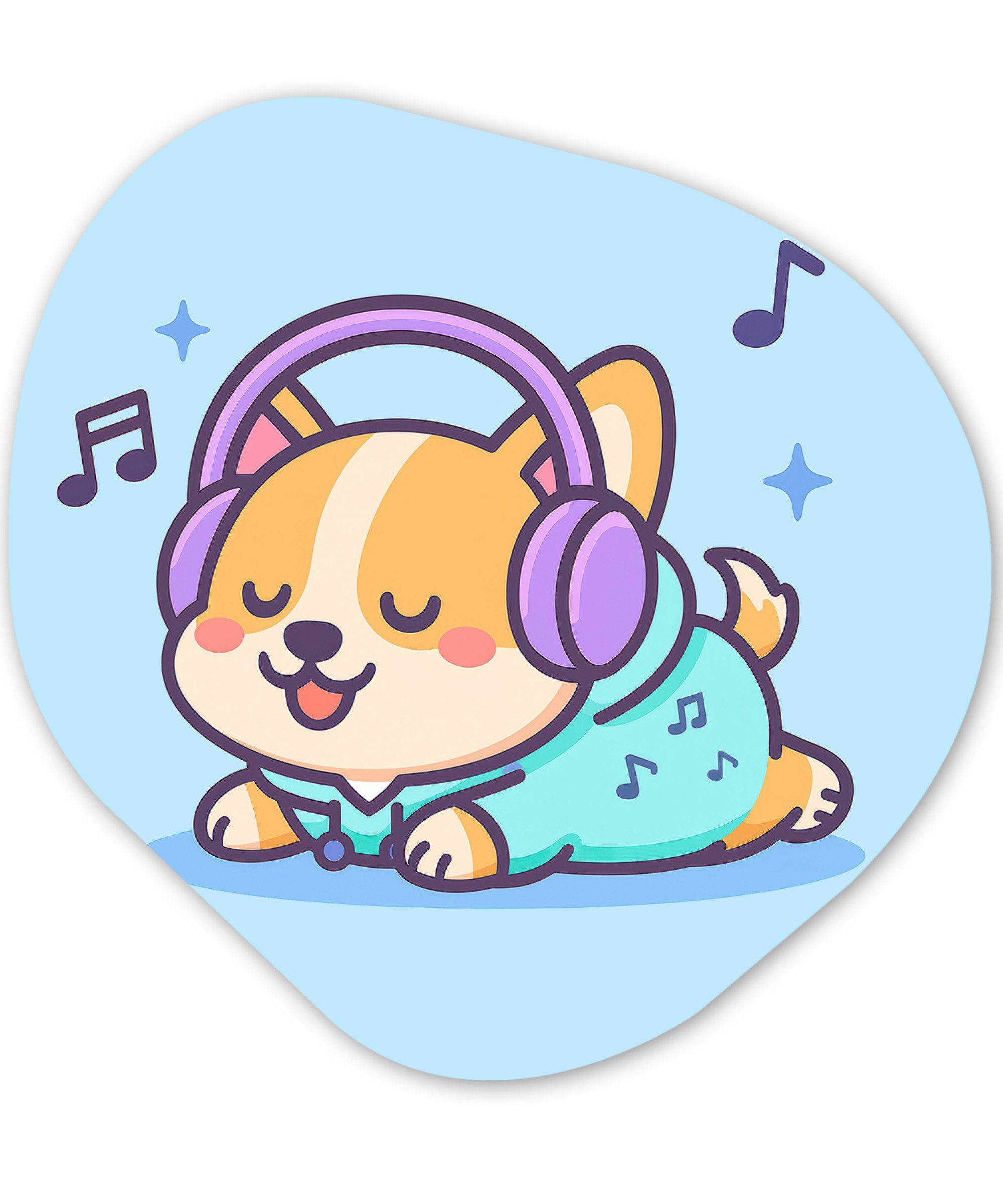 MuchoWow Gemälde Corgi - Kopfhörer - Blau - Musikalische Noten, Fotodruck (1 St), Wandbild Abstrakt, Wohnzimmer Schlafzimmer Wanddekoration, 40x40 cm