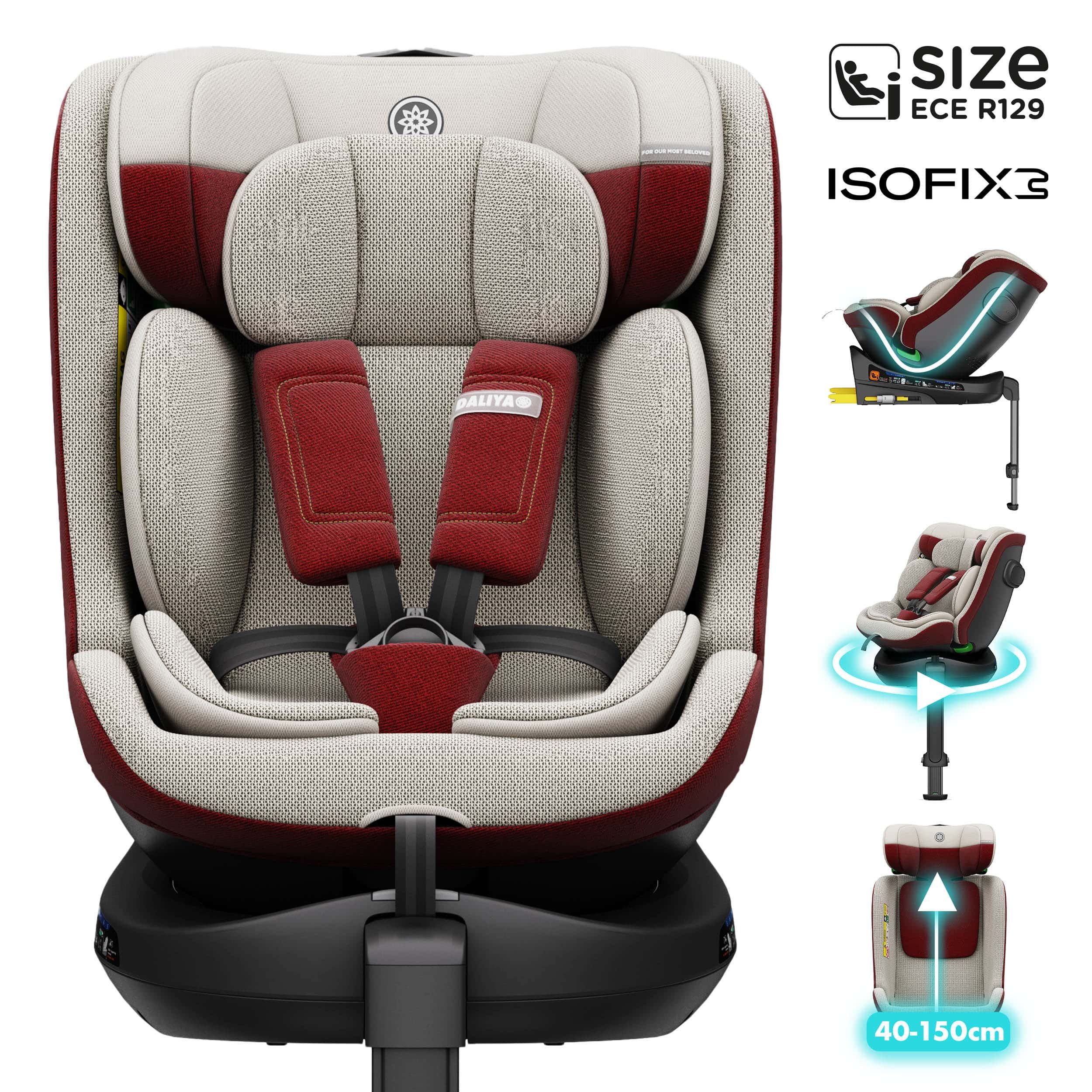 Daliya® Autokindersitz BRAVO i-Size Auto-Kindersitz, 360° drehbar, mitwachsend, atmungsaktiv, ab: ab Geburt, bis: bis 12 Jahre, ab: 40 cm, bis: 150 cm, (Neugeborenen-Set, 4-tlg), 8 Stufen Sitzneigung, verstellbare Kopfstütze, Stützbein, Belüftet