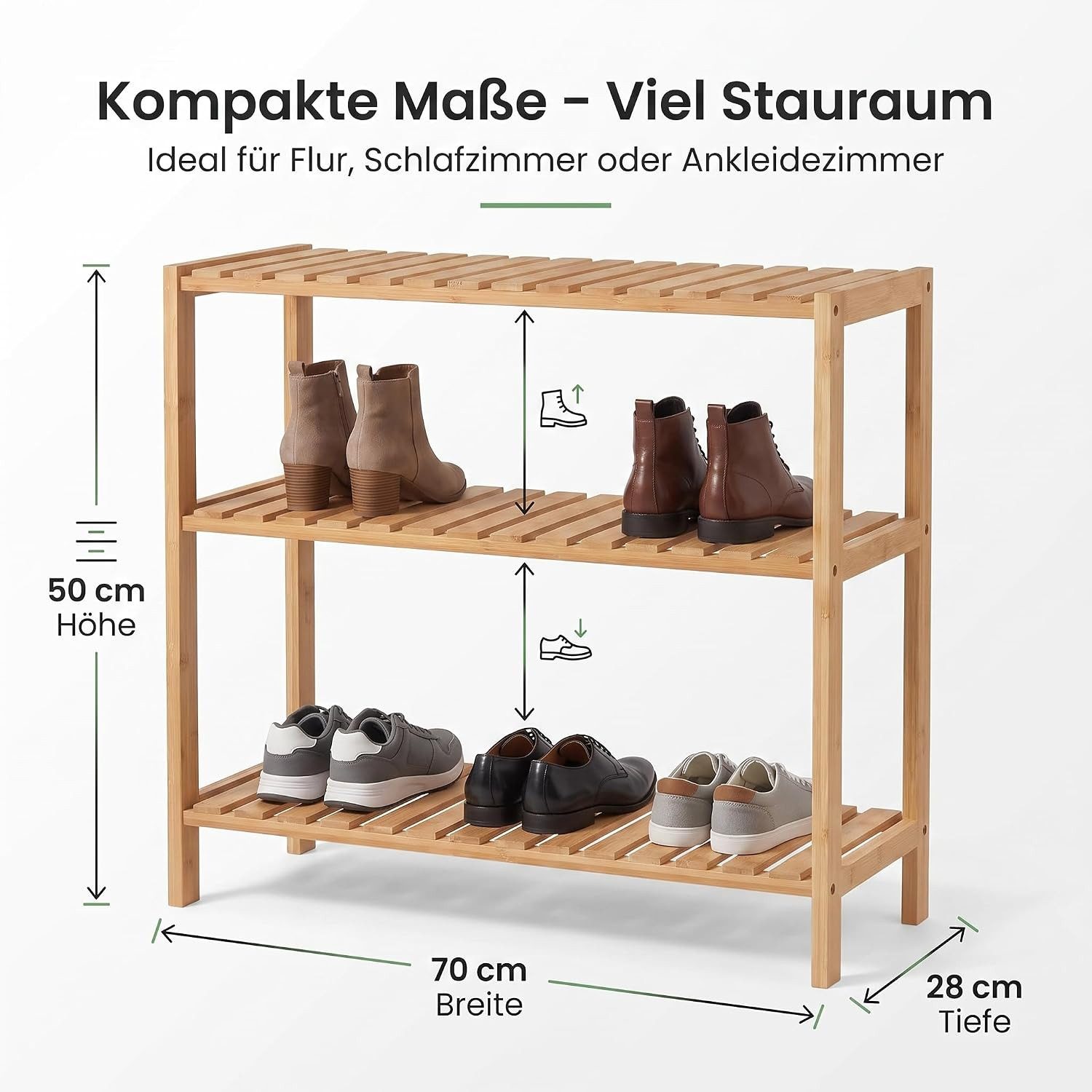 hausleben Schuhregal Bambus Schuhregal, 3 Ebenen, 70x28x50 cm, Naturholz Standregal, Einzelartikel 1-tlg., Umweltfreundlich & Stabil, Leicht zu Reinigen – Bild 2 von 5
