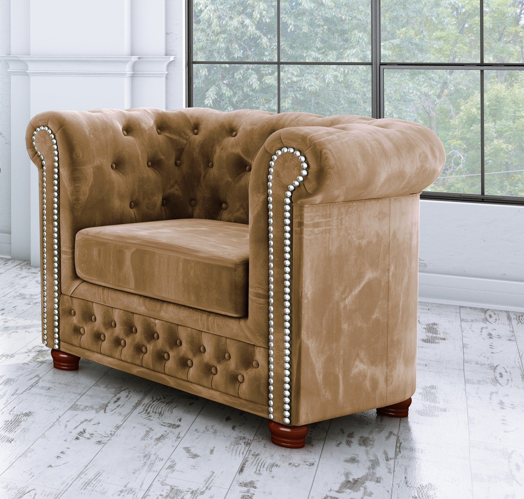 2-Sitzer-Sofa, Leeds Polstergarnitur Beige Chesterfield 1x mit 3-Sitzer-Sofa, Sessel), Wellenfederung (1x 1x Möbel 3+2+1, S-Style