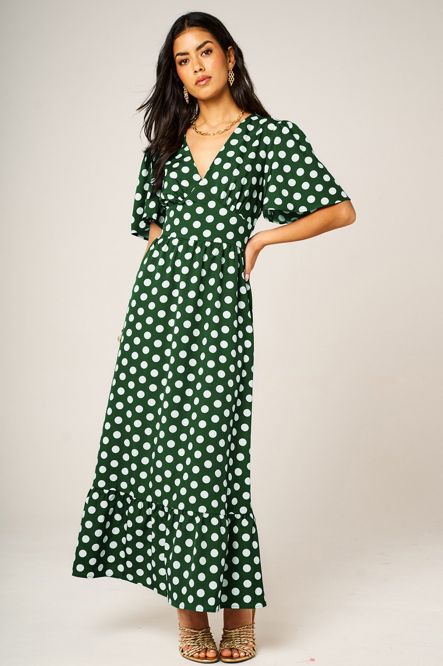 FS Collection Maxikleid Damen Maxikleid Sommerkleid Freizeitkleid Wickeloptik Gepunktet Wickeloptik, Punkte-Muster, Volantsaum, betonte Taille – Bild 3 von 5