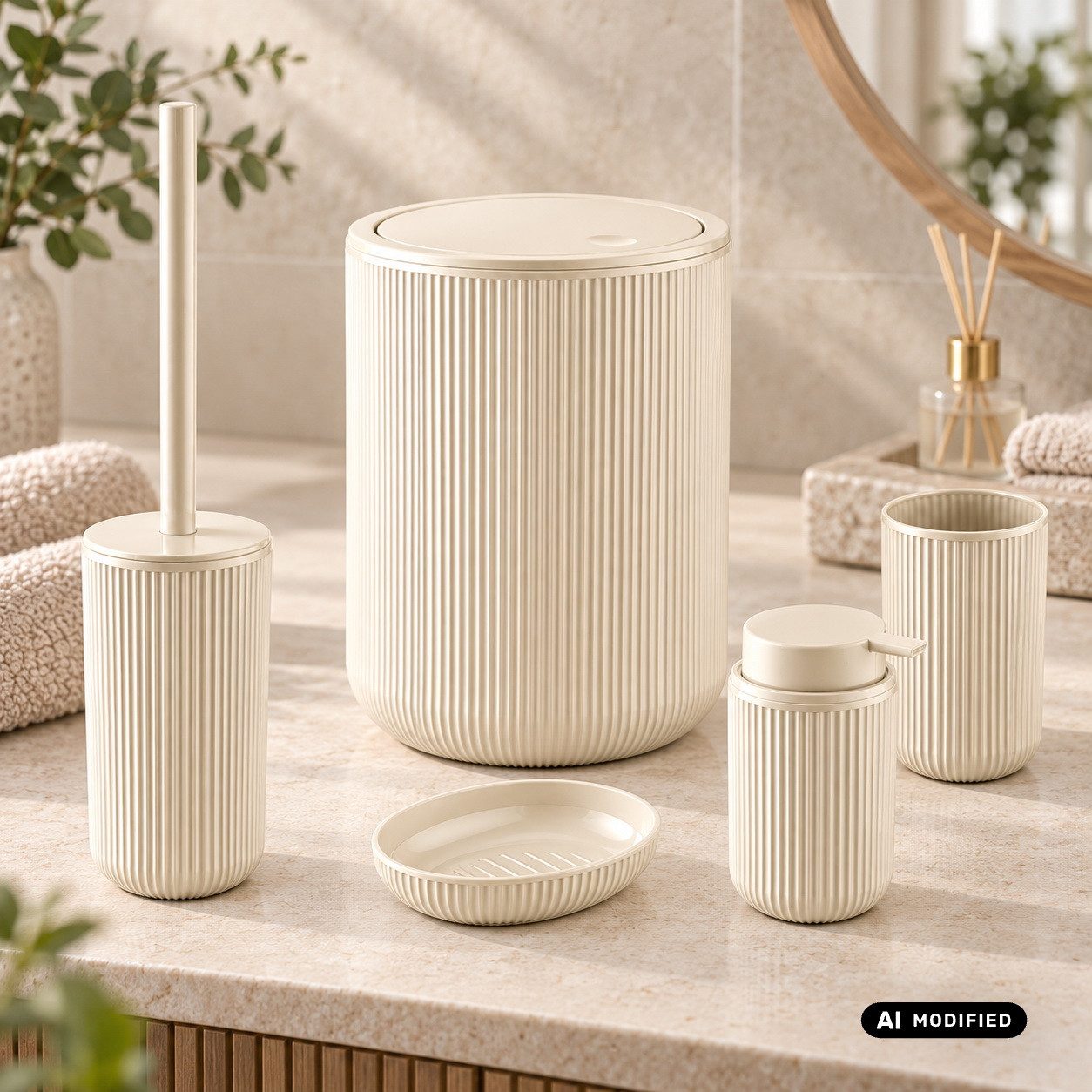 axentia Badaccessoire-Set Bad-Set Badezimmerset Badezimmer-Ausstattung, 5-teiliges Badset, Kosmetikeimer Seifenschale Seifenspender WC-Bürste Zahnputzbecher – Bild 5 von 5