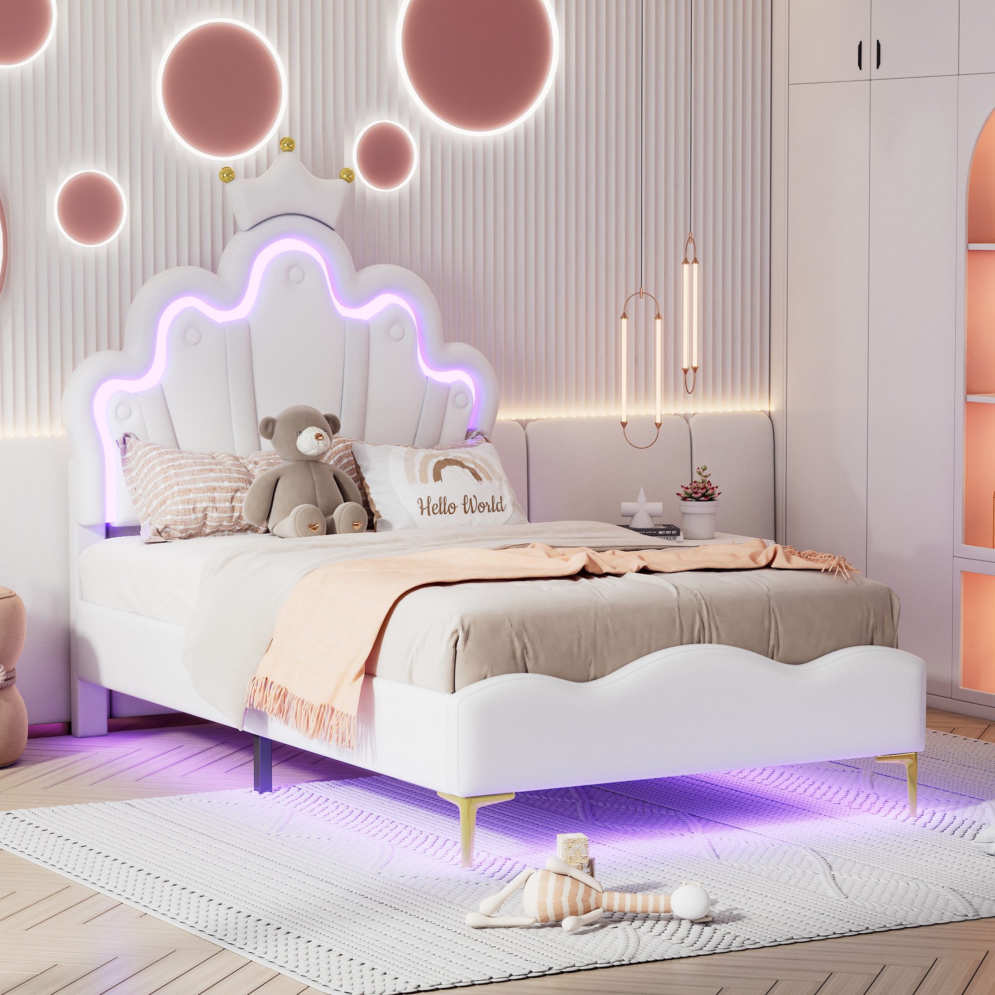 Flieks Polsterbett, LED Kinderbett Einzelbett mit krone-Form Prinzessinnenb günstig online kaufen