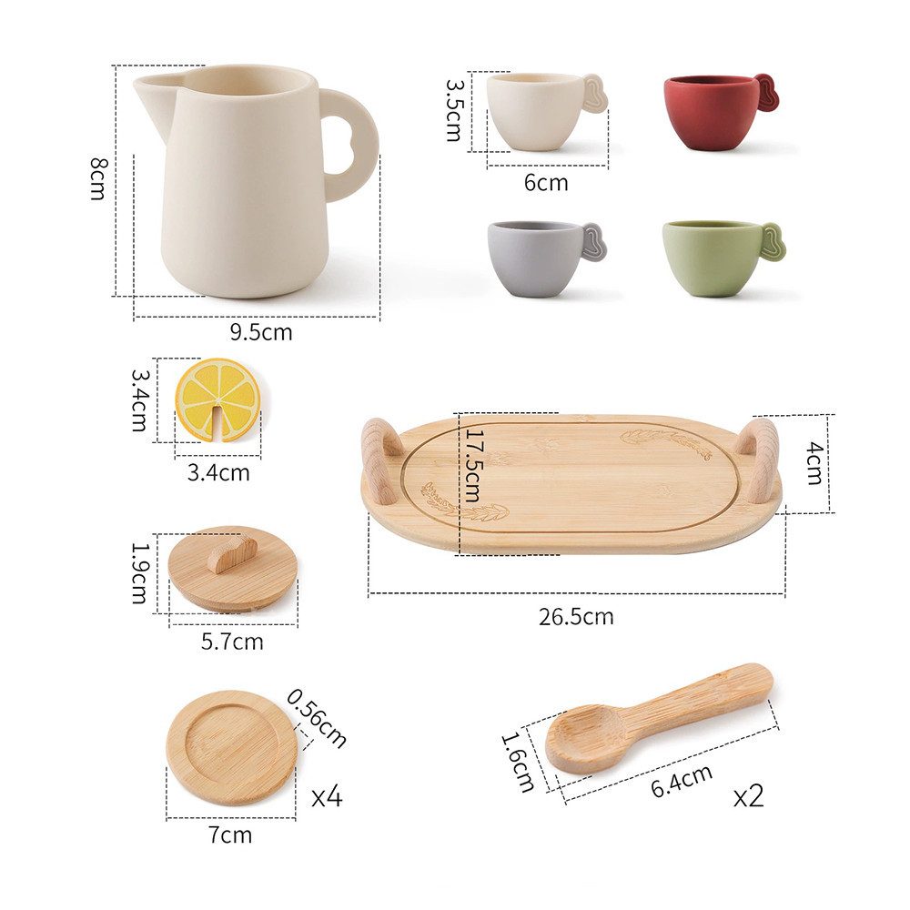 CLTYQ Spielgeschirr Holz-Tee-Set für kleine,14 Teile,Teekannen-Set mit Tassen aus Silikon, (10-tlg), Transporttablett, Löffel und Küchenzubehör für Kinder,Geschenk