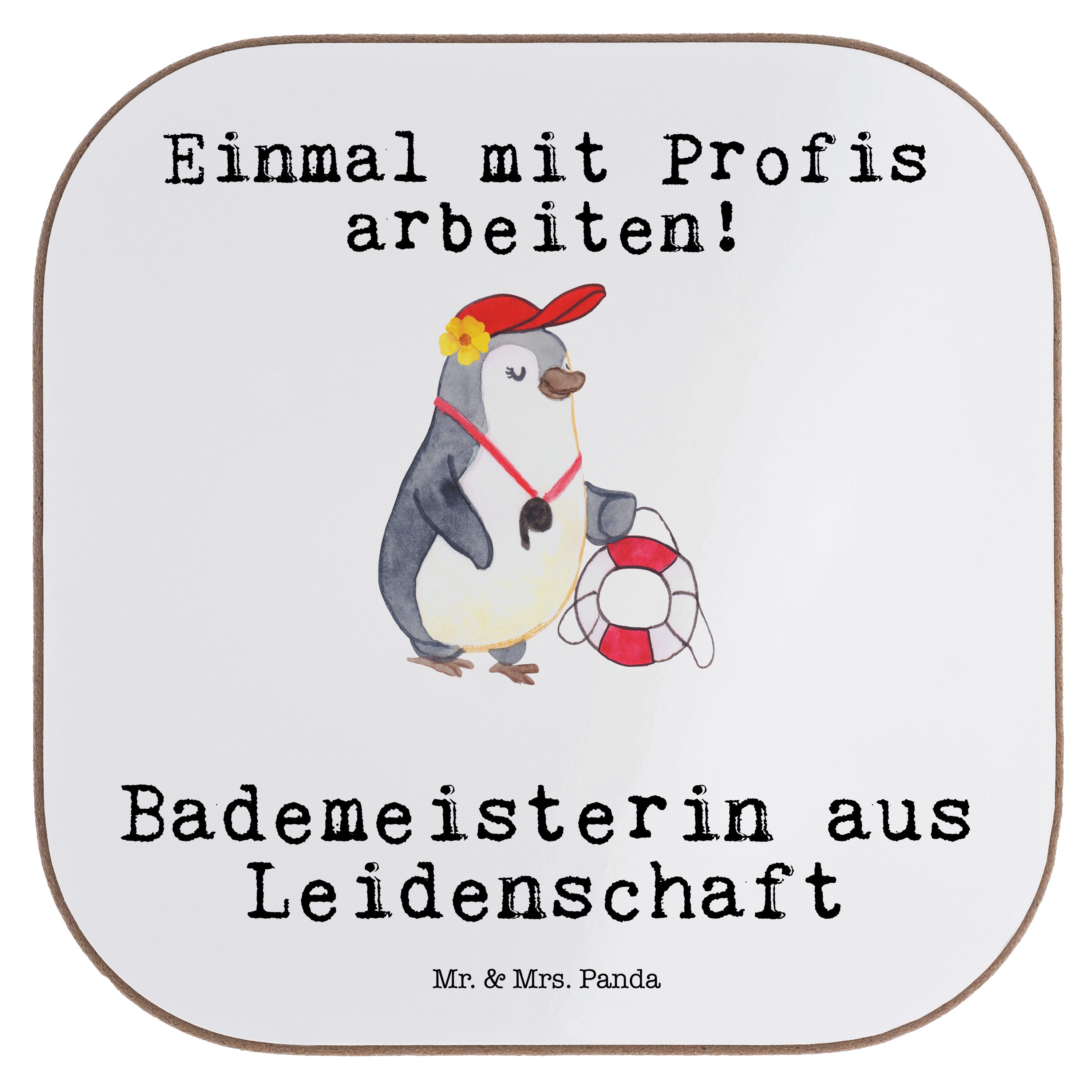 Mr. & Mrs. Panda Getränkeuntersetzer Bademeisterin aus Leidenschaft - Weiß - Geschenk, Schwimmverein, Bier, 1-tlg.