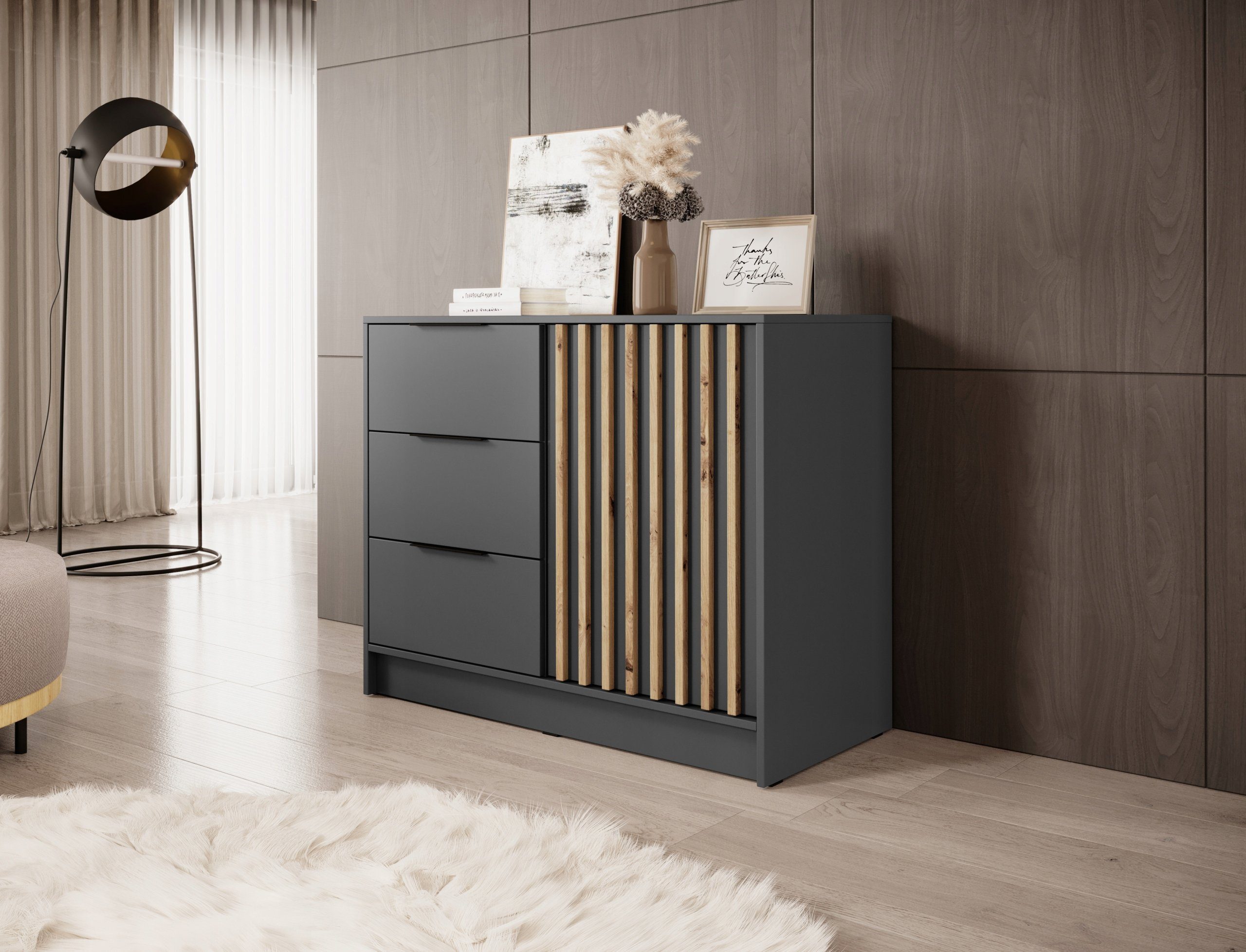 MOEBLO Kommode JOHN 2D (dekorative Lamellen Schrank Sideboard mit Türen und 3 Schubladen, Moderne Wohnzimmer Schlafzimmer Möbel Kommode für Wohnzimmer), (BxHxT): 105x86x45 cm