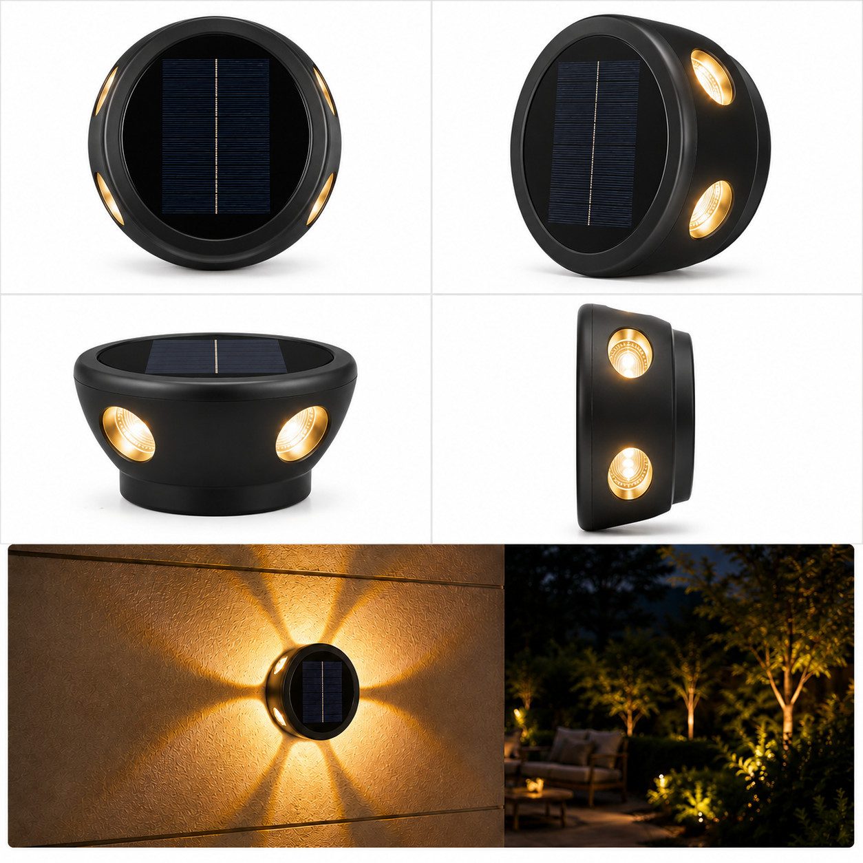 ibettertec LED Solarleuchte Solar Zaunleuchten‑Wandleuchte mit Blumeneffekt, 6‑LED warmes Licht, LED fest integriert, warmweißes Licht, mit Blumeneffekt Wasserdichte Wandleuchten Solarleuchten