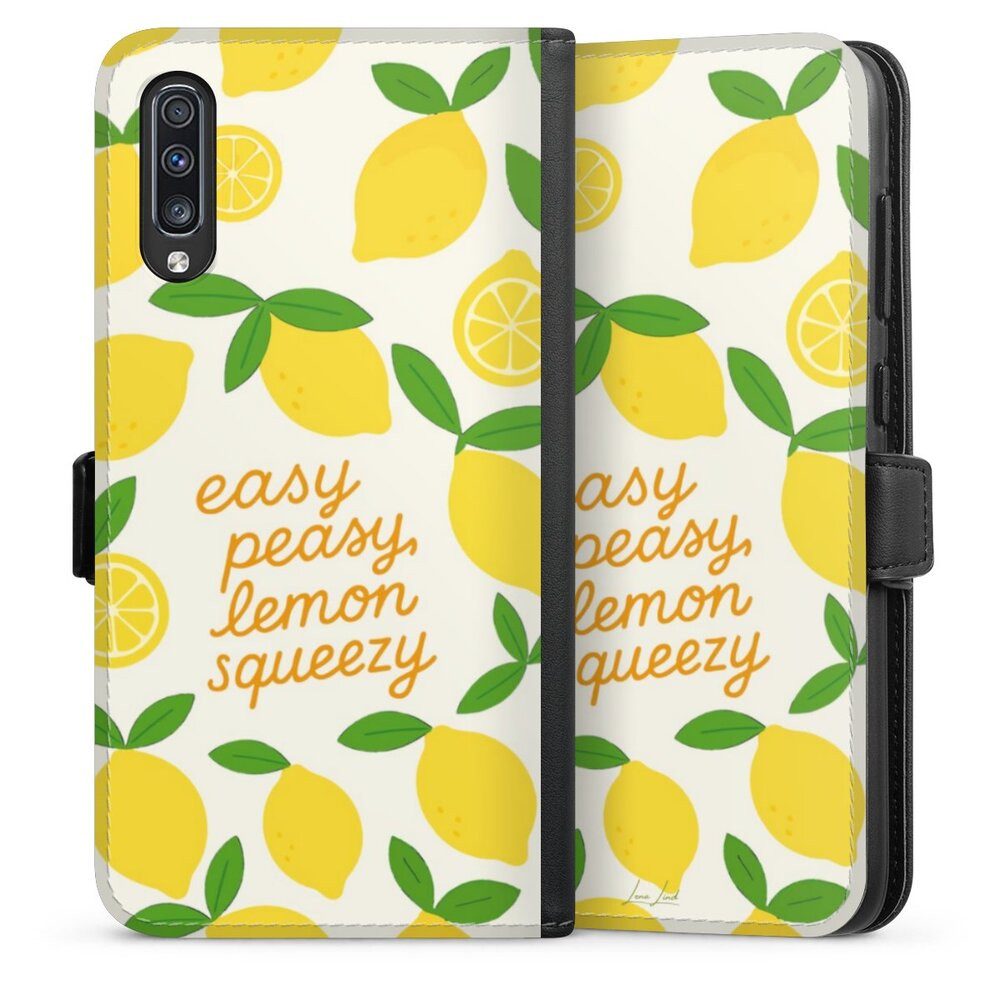 DeinDesign Handyhülle Zitrone Spruch Statement Easy Peasy Lemon Queezy, Samsung Galaxy A70 Hülle Handy Flip Case Wallet Cover