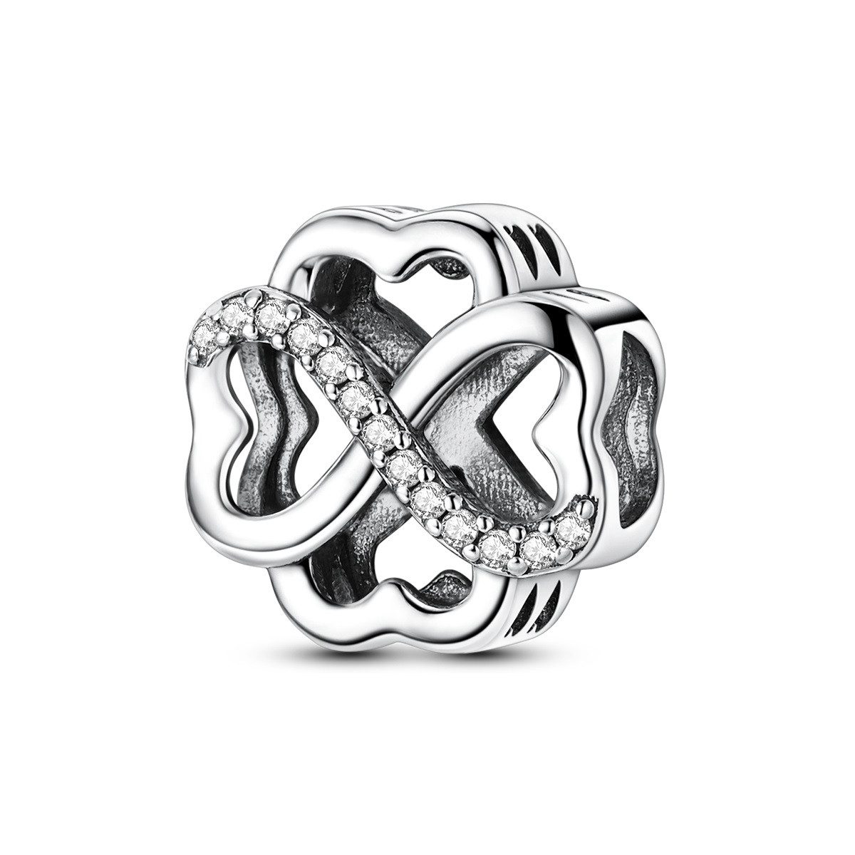 PANDACHARMS Bead Silbernes Kleeblatt aus Herzen Charm, 925er Sterling Silber, Zirkonia