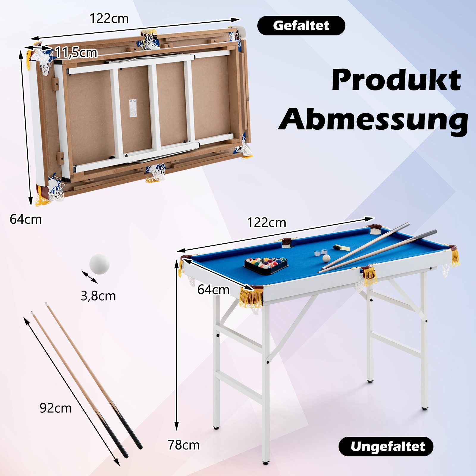 COSTWAY Billardtisch, 122cm klappbar Spieltisch mit 2 Queue, Kugelset
