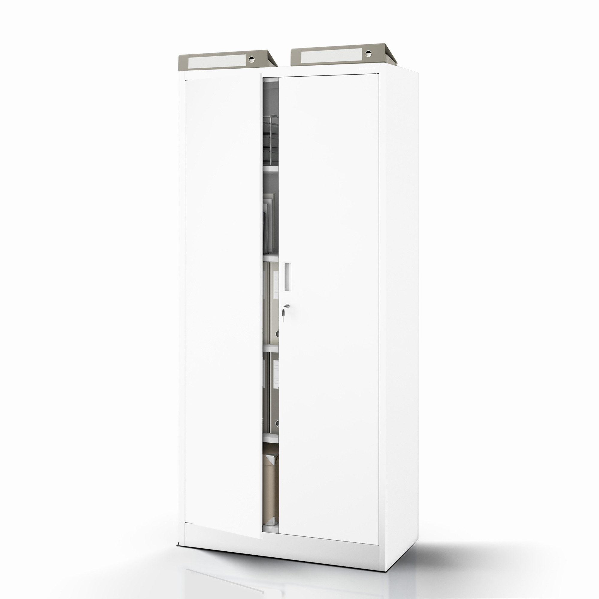 Jan Nowak Aktenschrank Metall Büroschrank abschließbar 80 cm JAN Compact 4 Böden Stahl (Stahl 0,6 mm Wandmontage möglich PZH-zertifiziert kompakt) Ordnerschrank Schloss 2 Schlüssel kompakt Werkstatt 4 Farben