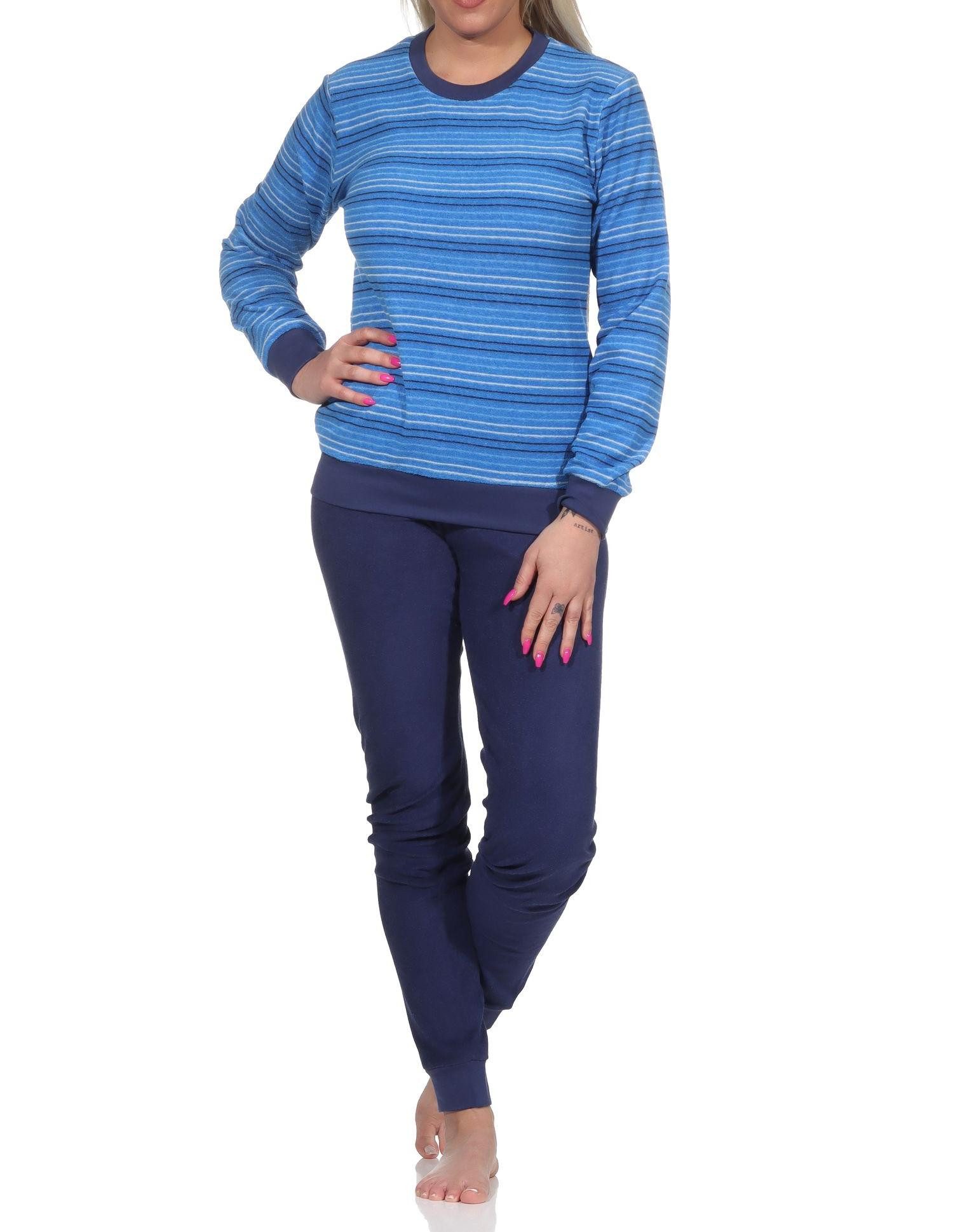 Normann Pyjama Damen Frottee Schlafanzug mit Bündchen, Pyjama in Ringel-Optik