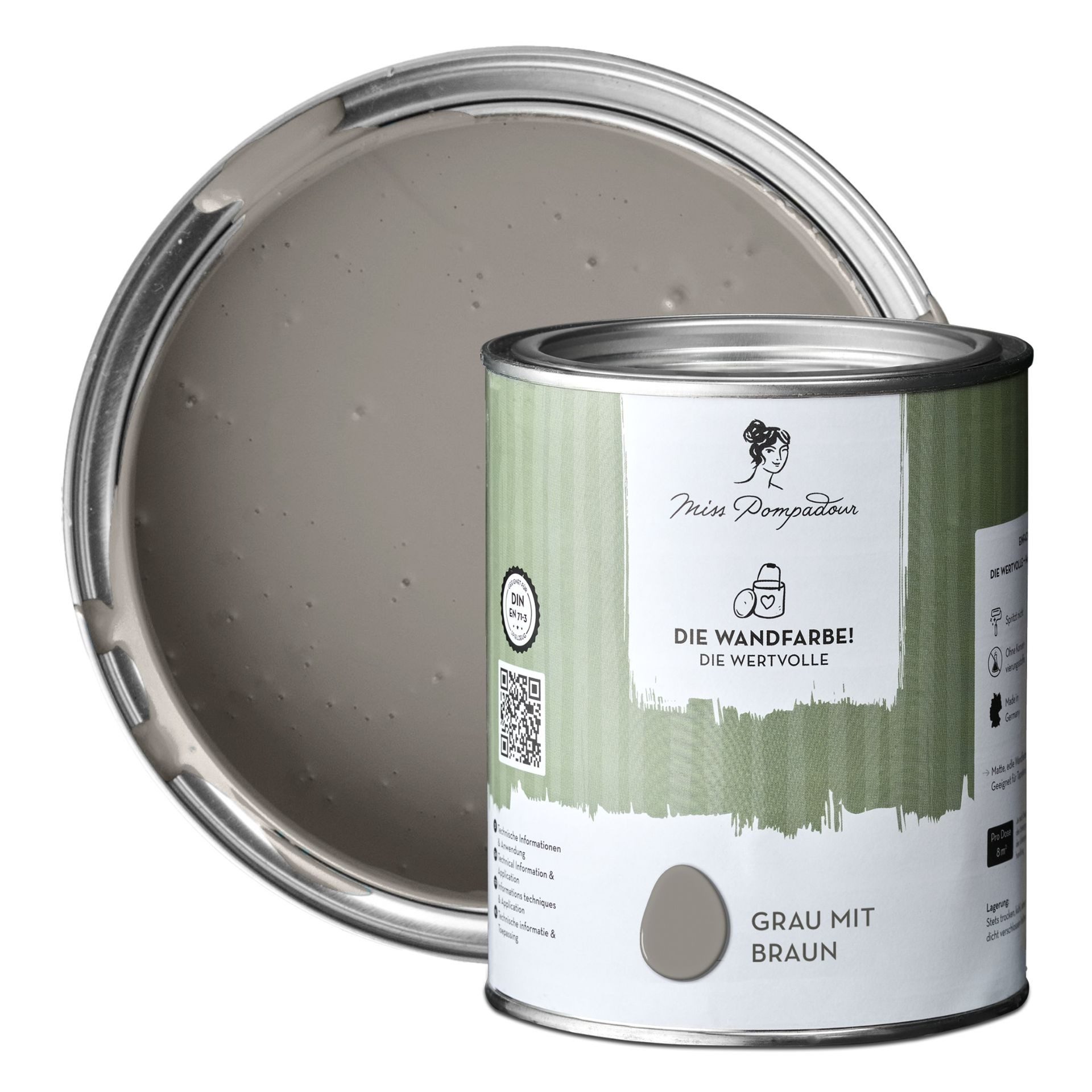MissPompadour Wandfarbe Grau mit Braun - matte Wandfarbe mit sehr hoher Deckkraft 1 L, geruchsneutrale und spritzfreie Innenfarbe, wasserbasiert
