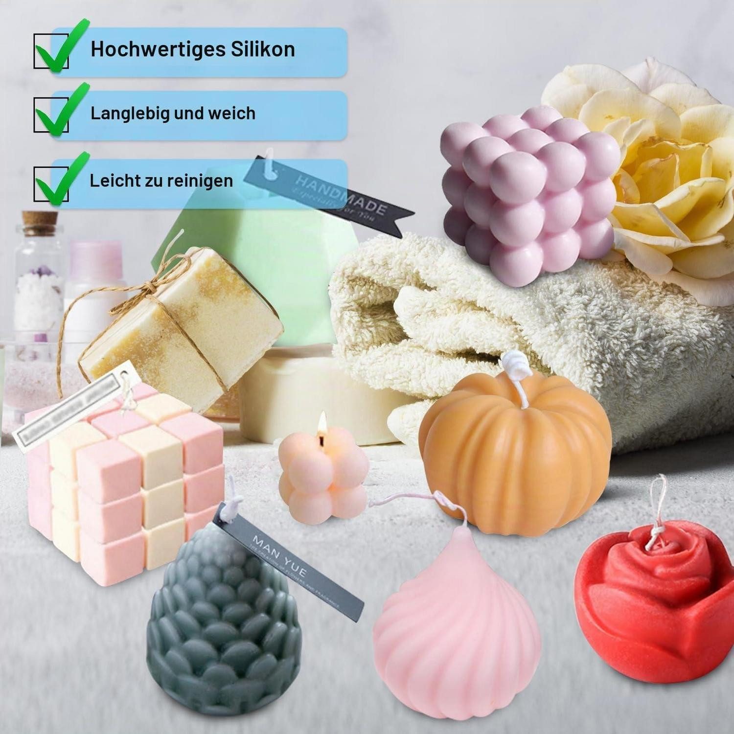 LuxusKollektion Silikonform Kerzen Silikonformen Set 8-teilig Blumen Rubiks Cube, (8-tlg)