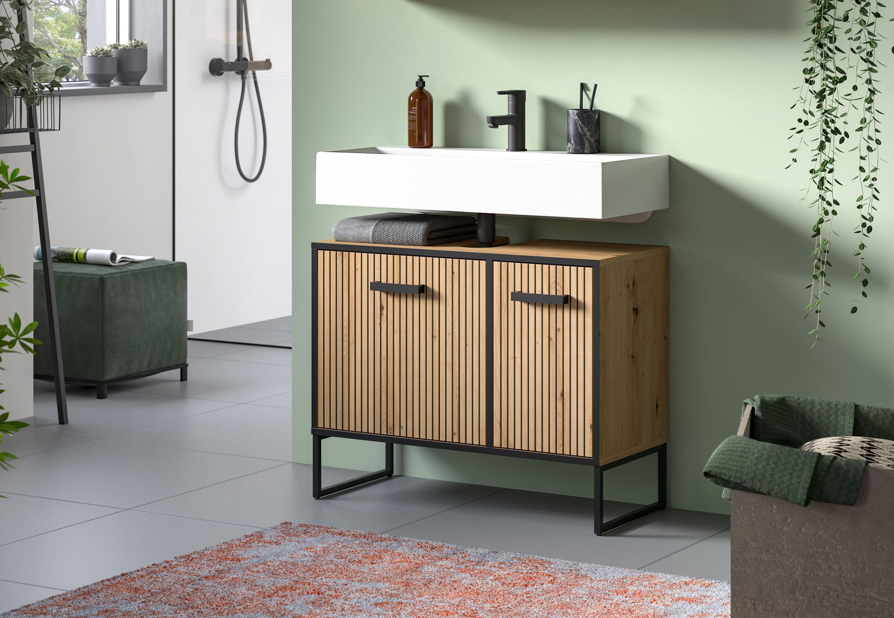 welltime Waschbeckenunterschrank LOCRI, Höhe 63 cm, 2 Türen, 2 Einlegeböden, mit Siphonausschnitt (1-St., industrial Look mit Rillenoptik & Metall Kufen) Badmöbel, Badschrank, Badkommode, Kommode, Schrank, Bad, Badezimmer