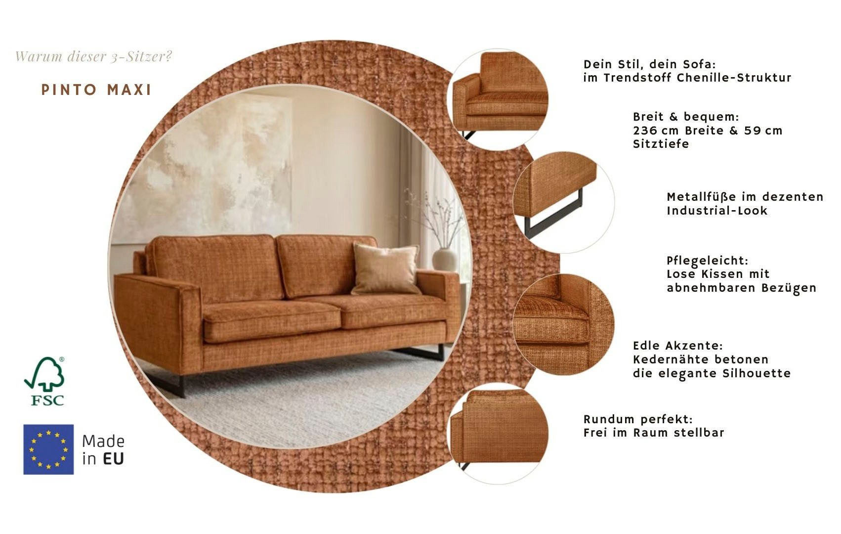 Home affaire 3-Sitzer Maxi-Ausführung Pinto, 236 cm, Cord, Chenille, Lederoptik, mit Keder, schwarze Metallfüße, Wellenunterfederung