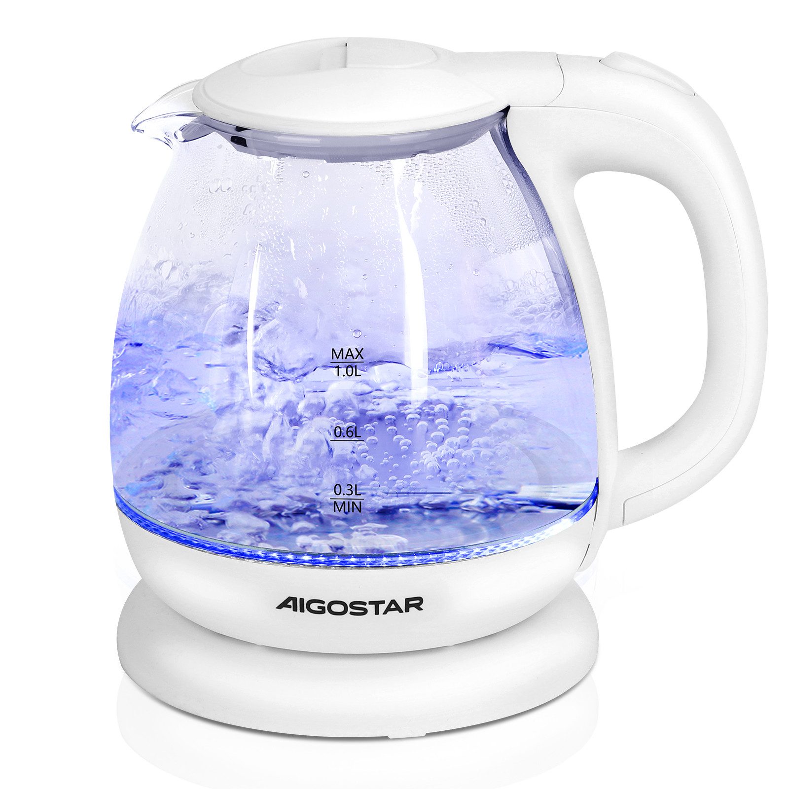 Aigostar Елктрочайники 2200W 1,7L Glaswasserkocher mit Kalkfilter, LED Beleuchtung, Weiß, 1 l, 2200,00 W, 360° Basis, Abschaltautomatik, Trockenschutz, Edelstahl Heizelement
