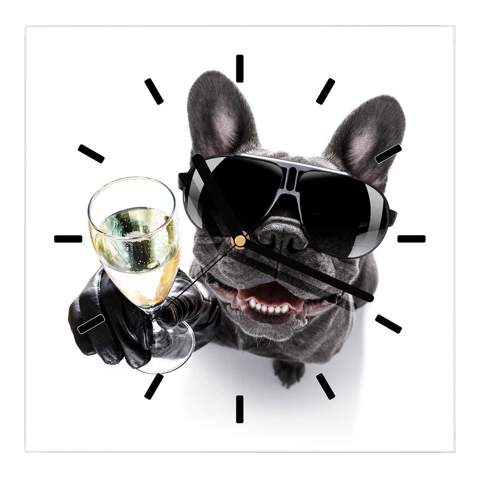 mit Primedeco Bulldogge Glas mit cm x Wanduhr Wandkunst Wanduhr 30 Motiv Glasuhr Prosecco Größe 30