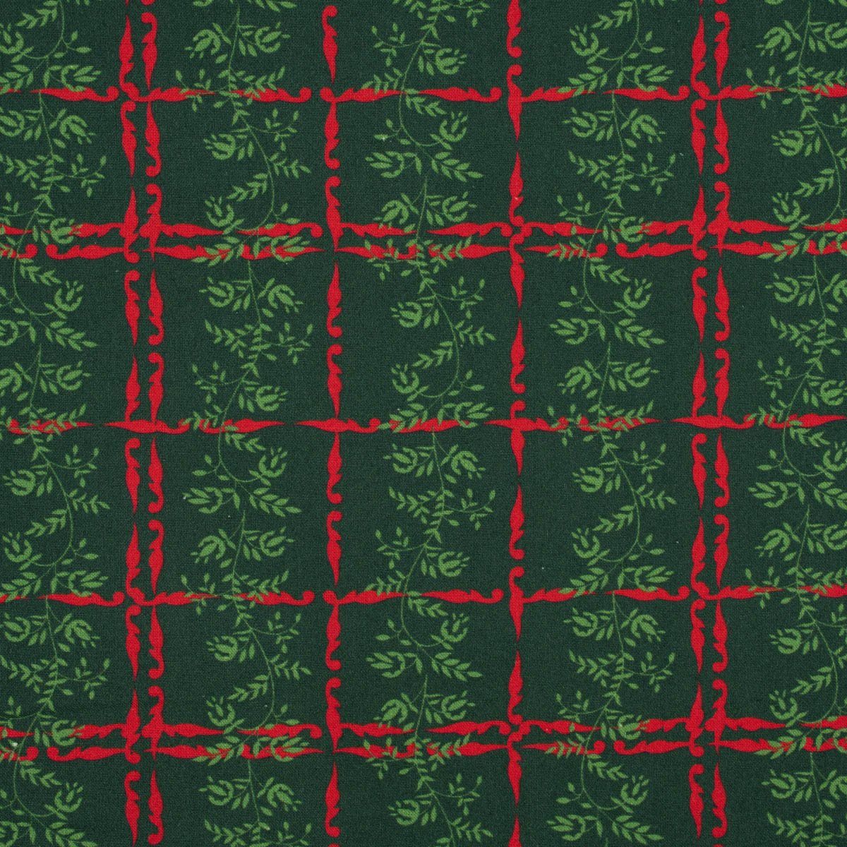 SCHÖNER LEBEN. Stoff Baumwollstoff Trachten Karo Ranken Blätter dunkelgrün maigrün rot 1