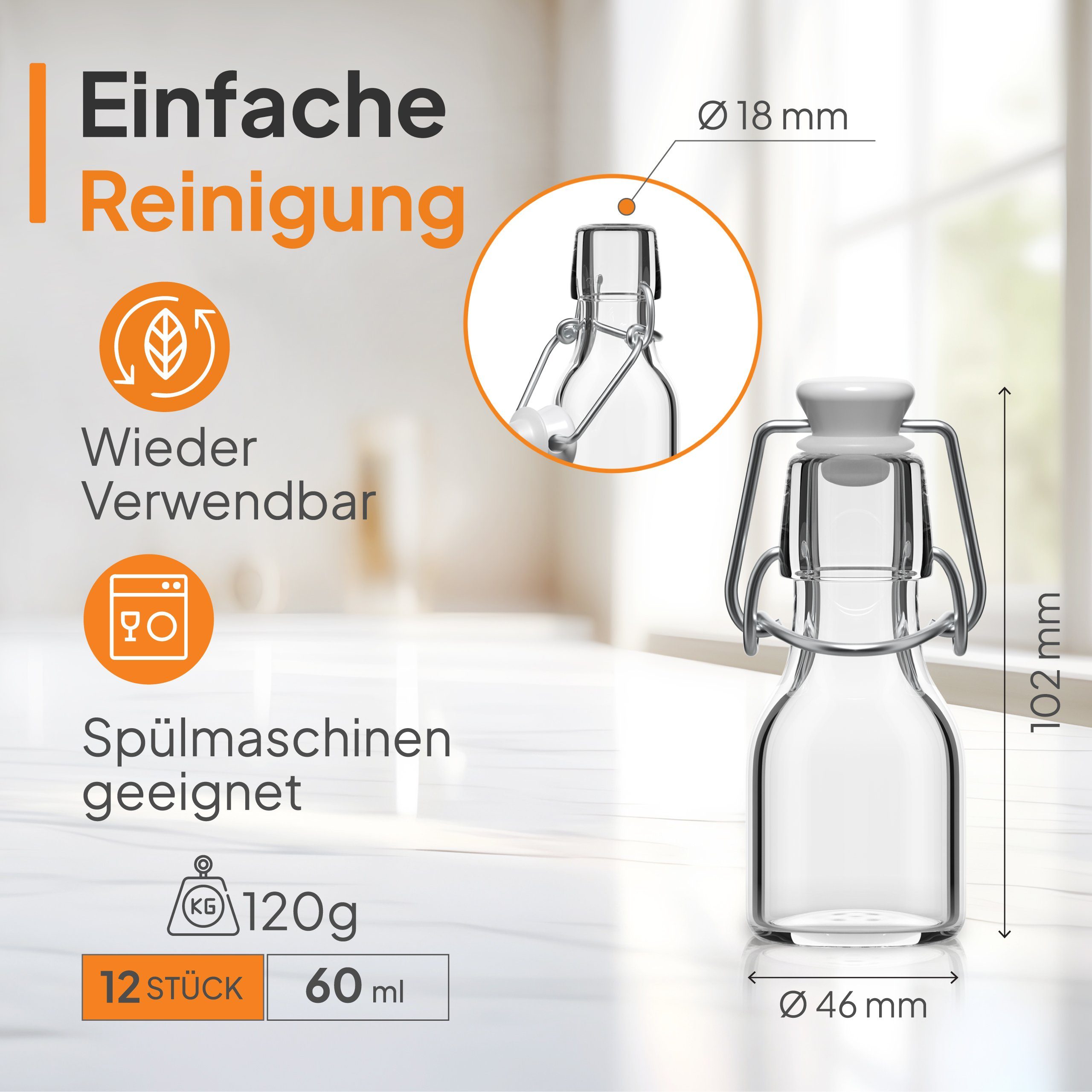 60ml Flaschen Flaschen-Fuchs Vorratsglas Glas, Befüllen Bügelverschluss Schnaps (12er zum Set) Likörflaschen,