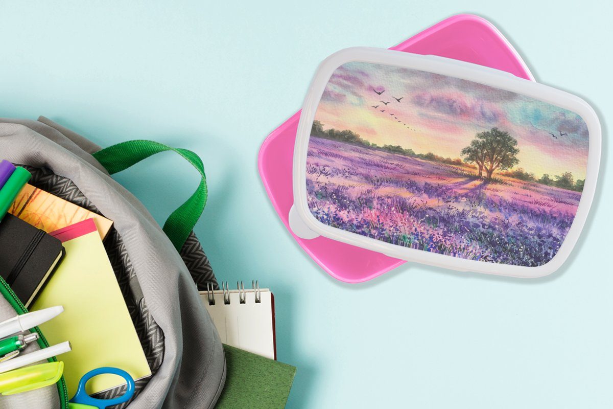 MuchoWow Lunchbox Lavendel - Farbe Erwachsene, Snackbox, Kinder, Lila, Vögel für Kunststoff Kunststoff, Brotdose Mädchen, - rosa (2-tlg), Bäume - Brotbox 