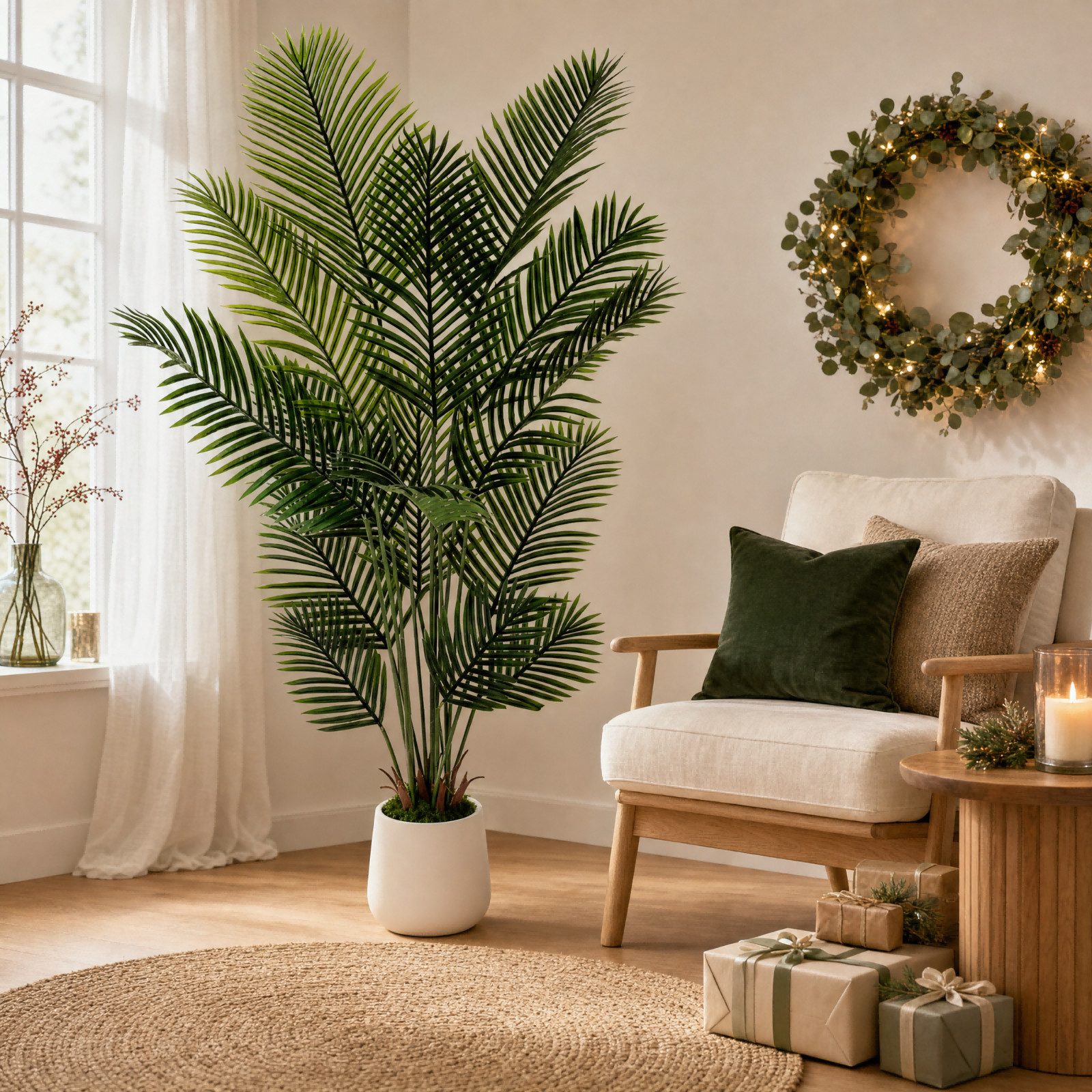 Kunstbaum Künstliche Areca Palme 15 Realistische Dunkel-Hellgrüne Blätter, TLGREEN, Höhe 180 cm, Tropische Pflanzen Deko für Innen Wohnzimmer Büro