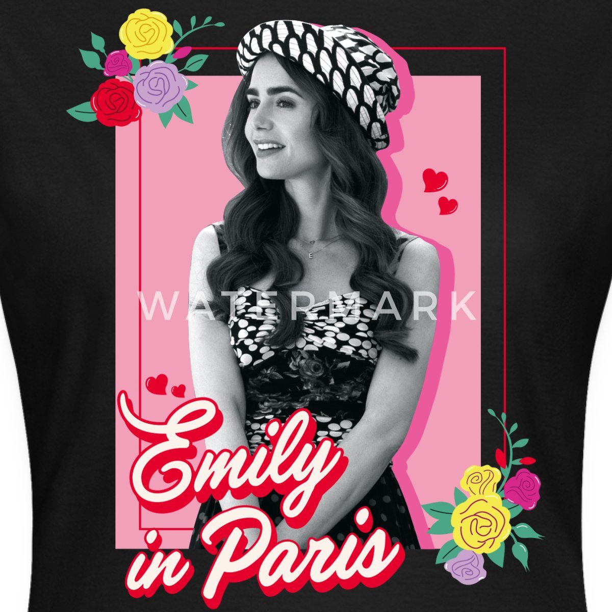 Spreadshirt T-Shirt Emily In Paris Emily Schwarz-Weiß Bild Mit Blumen Frauen T-Shirt (1-tlg) Slim Fit, fällt klein aus