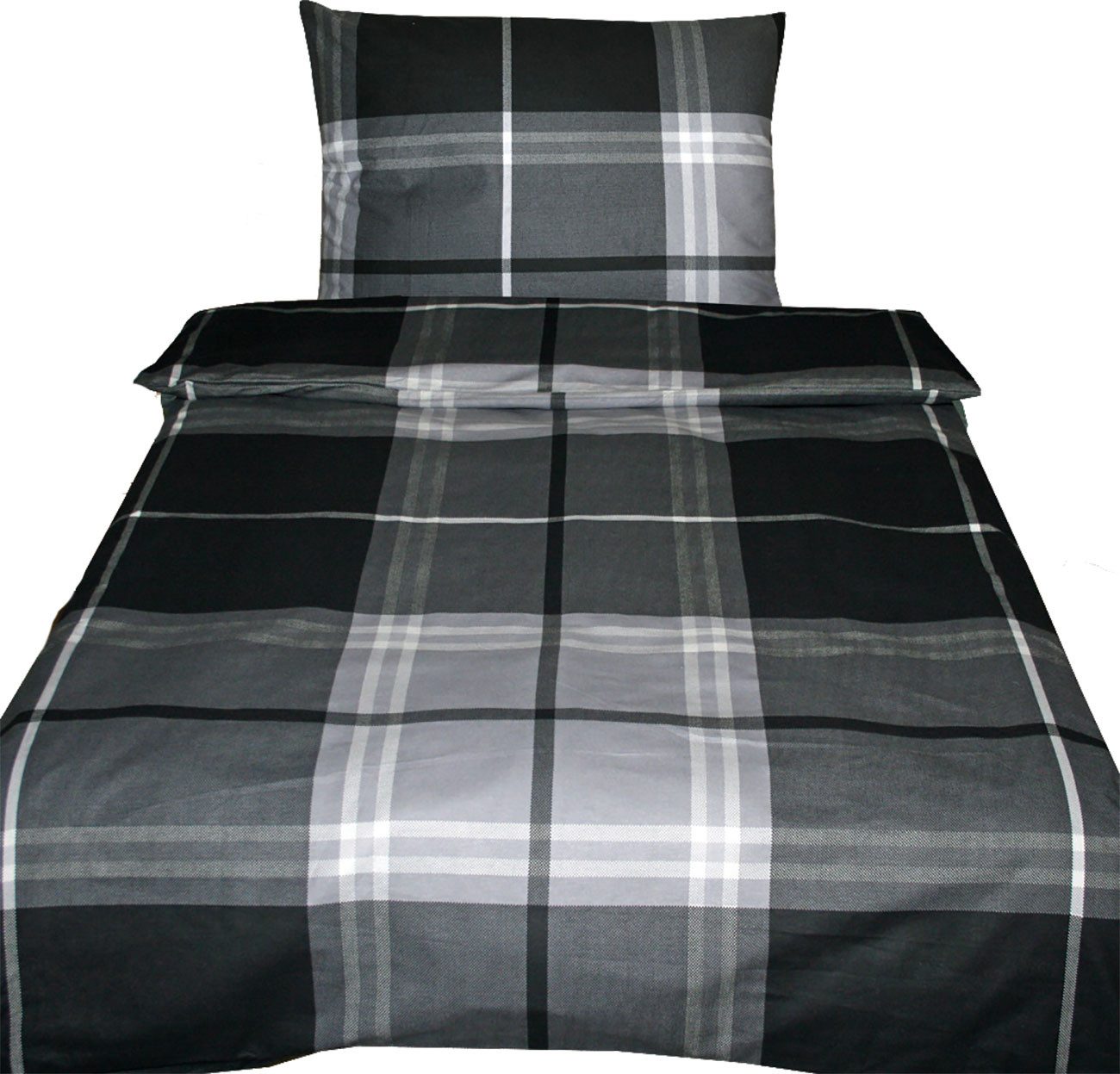 KH-Haushaltshandel Bettwäsche 2-tlg. Biber Winter Bettwäsche 135 x 200 + 80x80cm, kariert, Biber, 2 teilig, schwarz grau kariert, flauschig weiche warme Winter Biber Bettwäsche