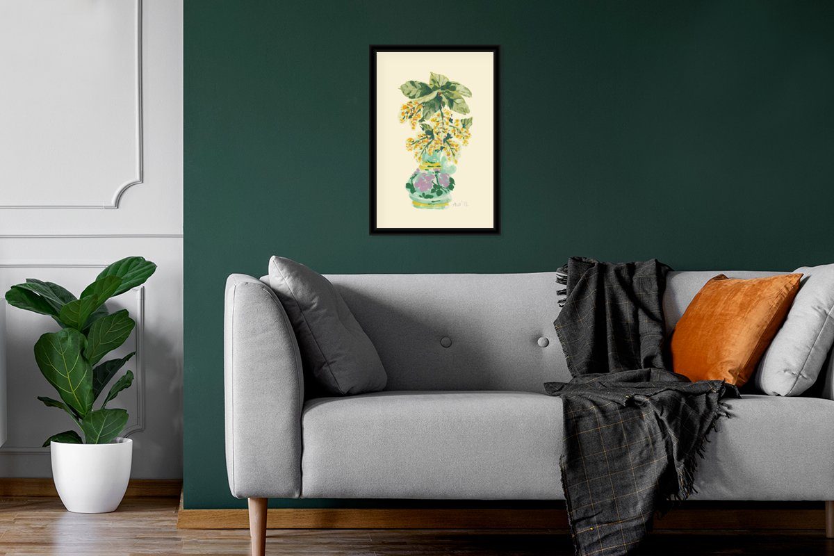 Abstrakt - Poster, Poster Pflanzen - Gelb, Gerahmtes (1 Bilder, St), Grün Bilderrahmen - Schwarzem Wanddeko, Wandposter, MuchoWow