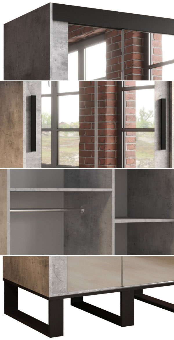 Feldmann-Wohnen Schiebetürenschrank Loft mit Spiegel (Loft) Breite wählbar schwarz / beton