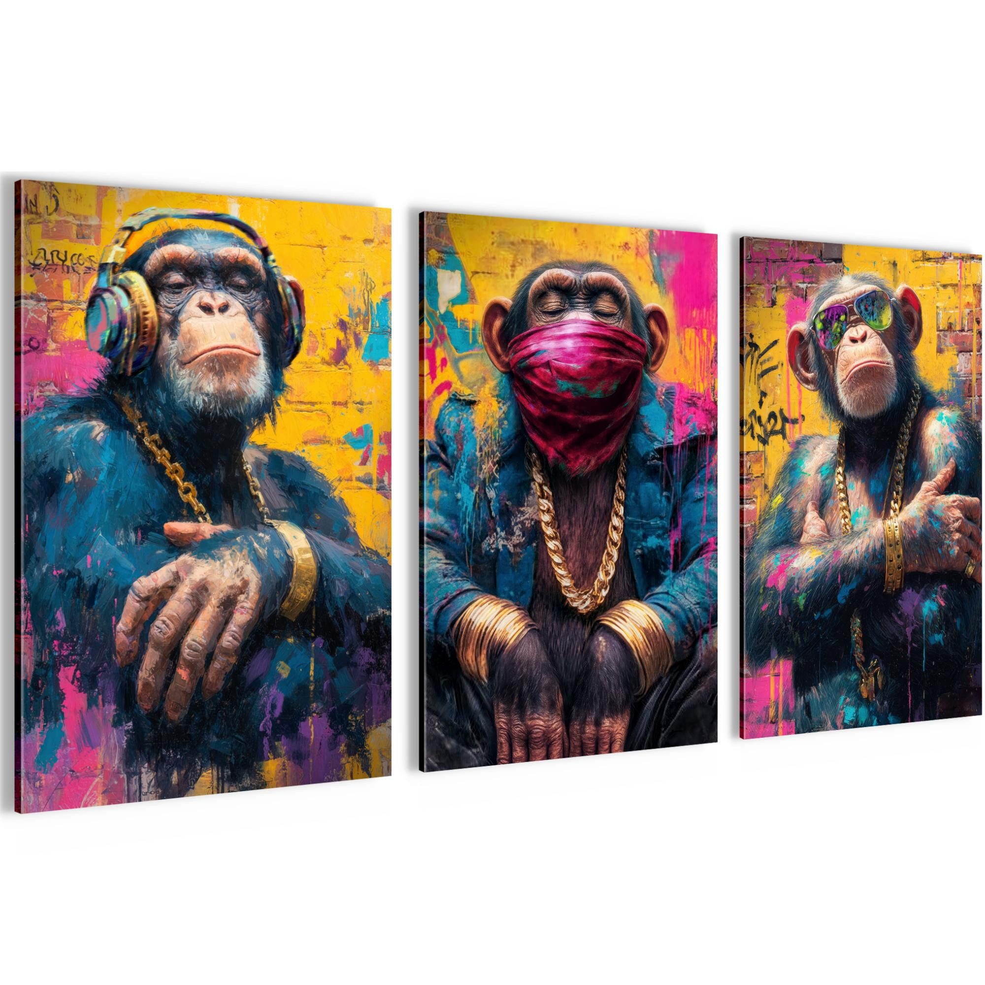 Novart Bild Wandbilder Set Banksy Style Collage - 3 Bilder Wohnzimmer Streetart, Affen, made in Germany