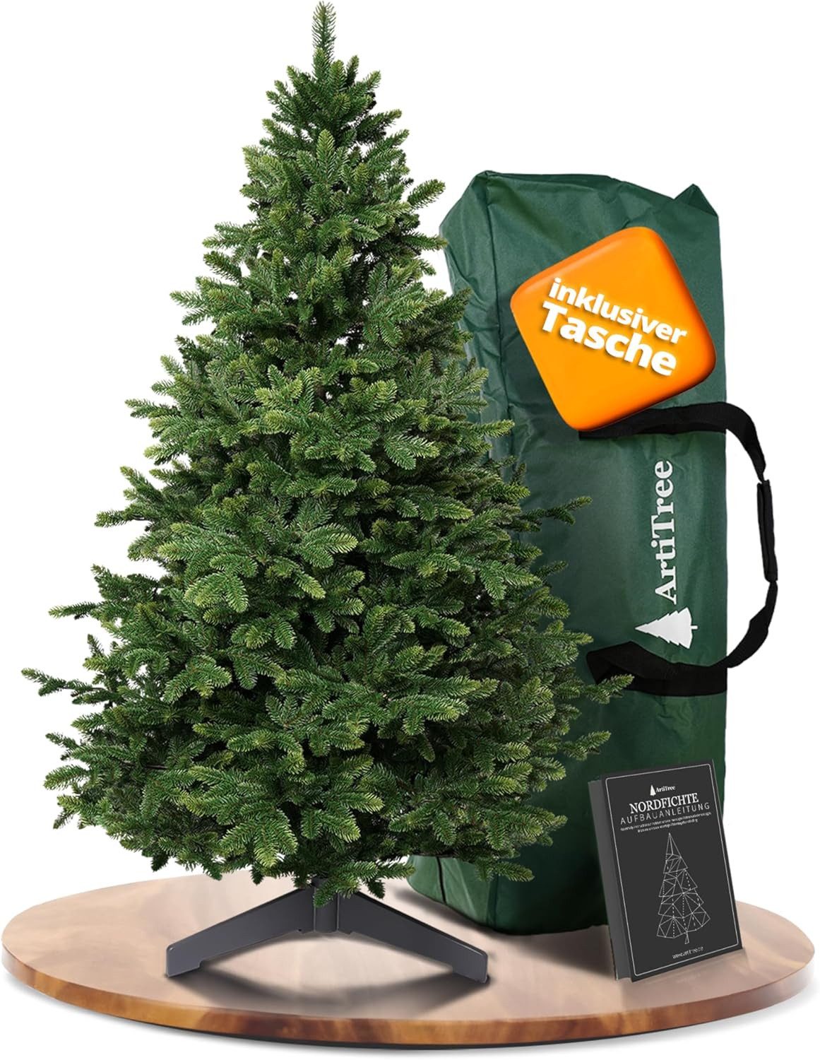 ArtiTree Künstlicher Weihnachtsbaum Künstliche Nordmanntanne – Premium Baum, naturgetreu, mit Holzständer, Mit und ohne Beleuchtung, wie echt, kein Nadelfall