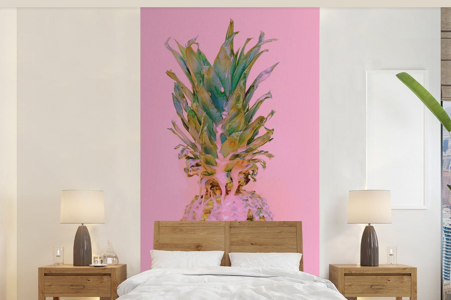MuchoWow Fototapete Farbe - Ananas - Rosa - Sommer, Matt, bedruckt, (2 St), Vliestapete für Wohnzimmer Schlafzimmer Küche, Fototapete