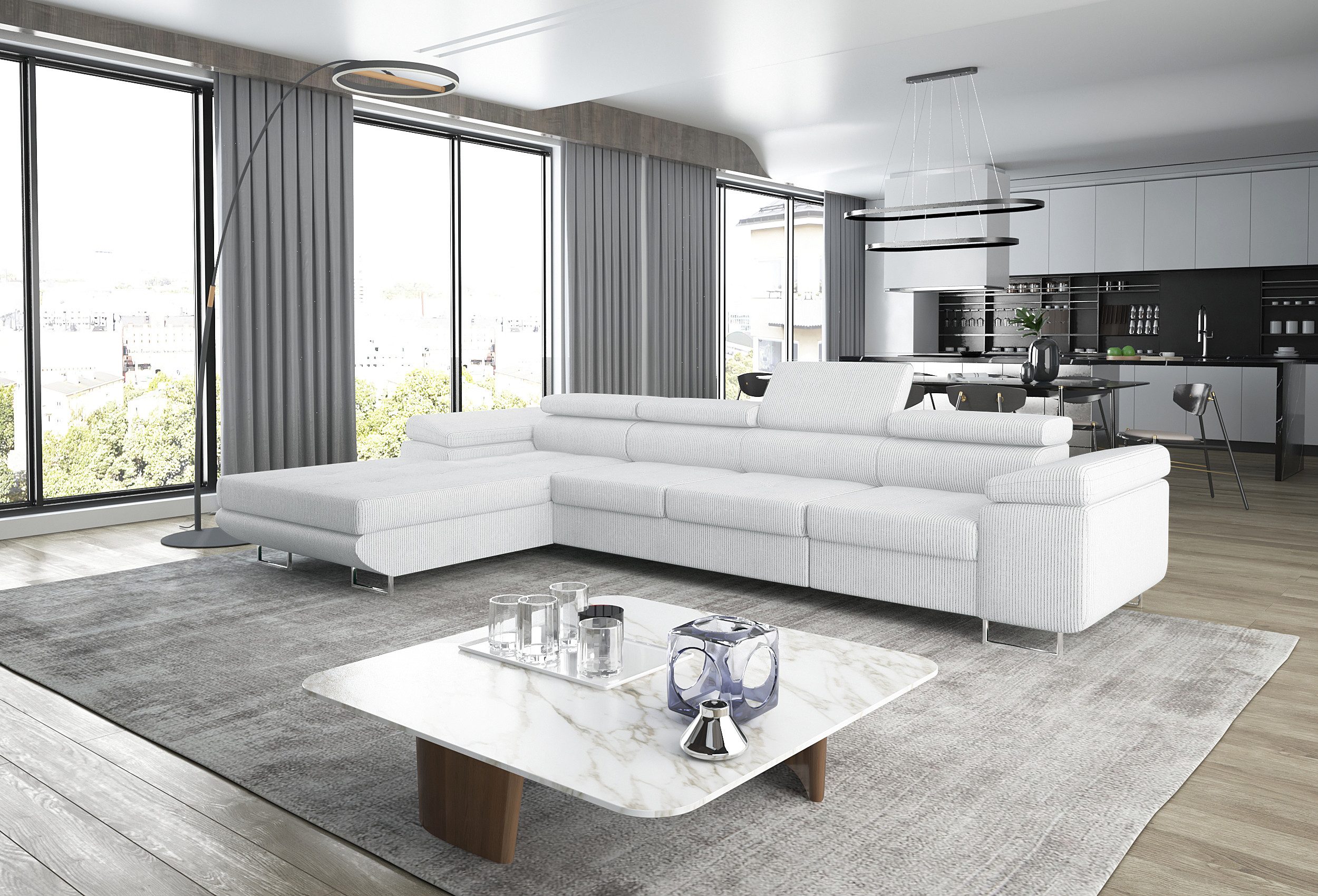 thematys Ecksofa ALVARO MAXI 355 x 204cm mit Schlaffunktion & Bettkasten –, L-Sofa mit 4 verstellbaren Kopfstützen, Samt (Monolotith), oder Cord (Poso) - L-Form, XL-Wohnlandschaft, 355 cm breit