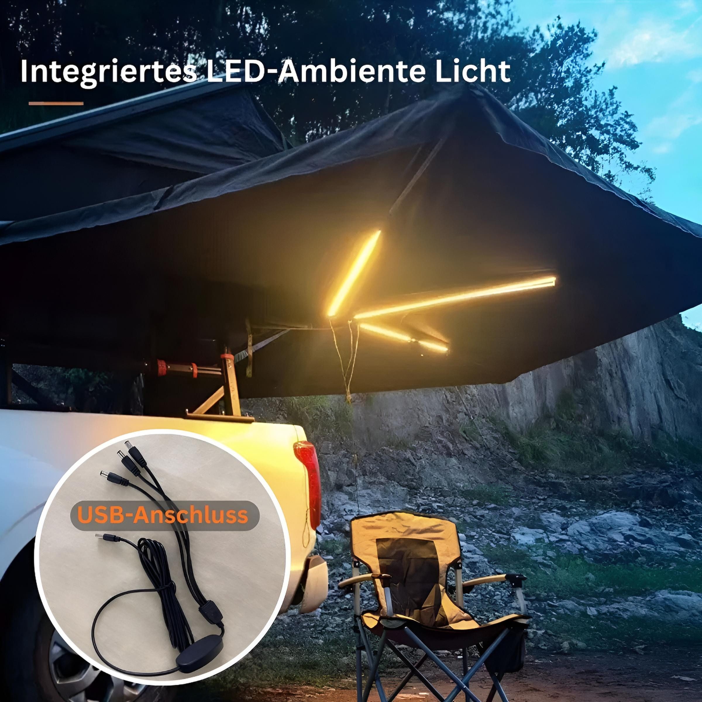 TZIpower Markisenvorzelt 270° Autodachmarkise Auto Markise, Vordach, Dachzelt Schwarz/Grau LED