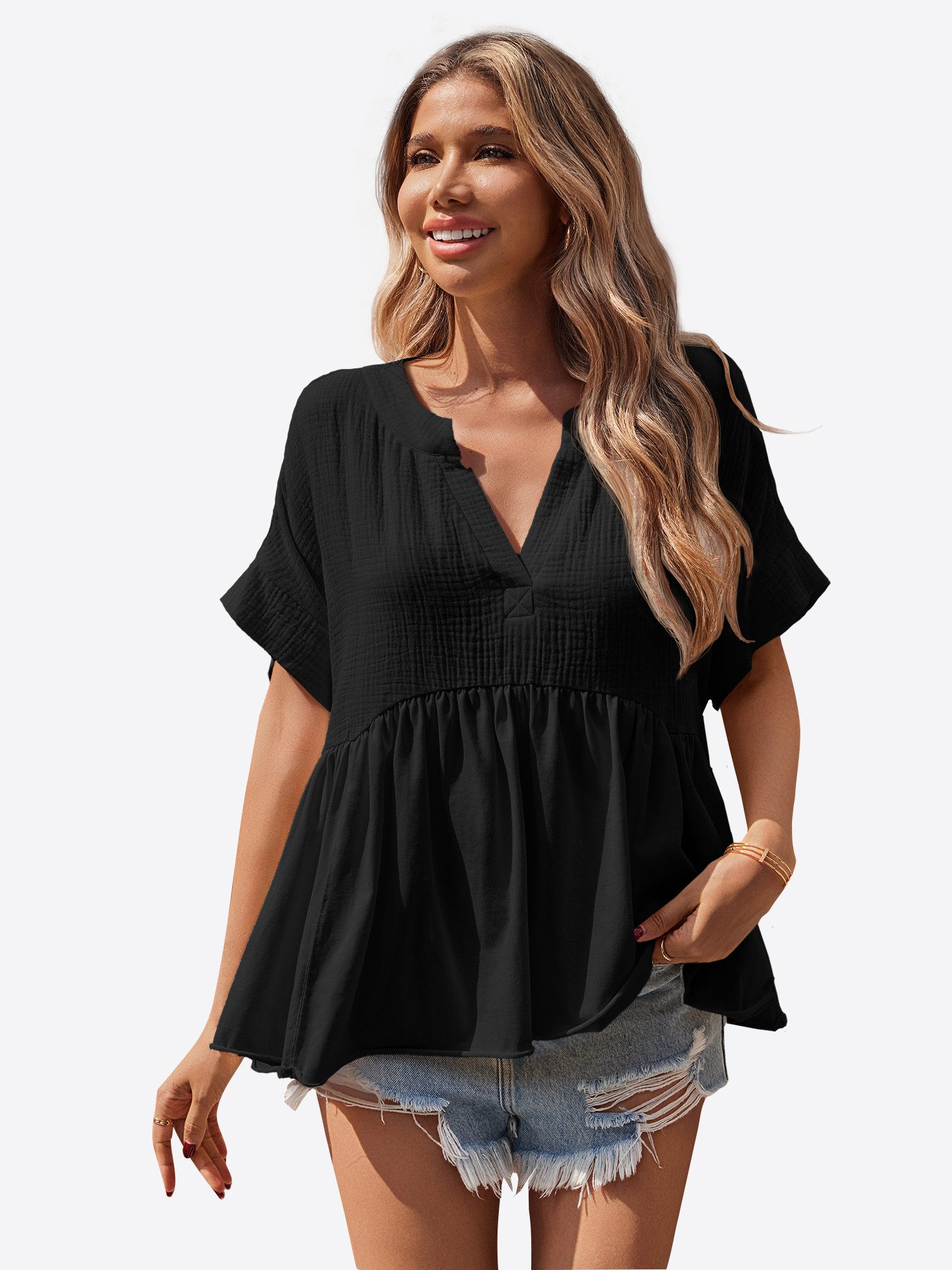 Imily Bela Rüschenbluse Damen V-Ausschnitt geraffter Saum Lässig Sommer Oberteil aus Baumwolle (Packung, 1-tlg., 1per-Pack) Kurzarm in Unifarbe