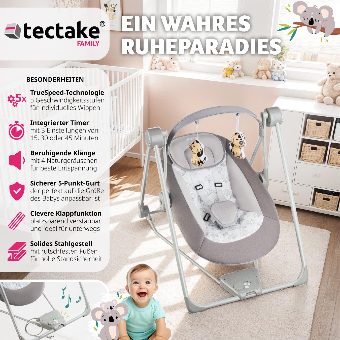 tectake Babyschaukel Babywippe Dogs, klappbar, 5 Geschwindigkeitsstufen, Ti günstig online kaufen