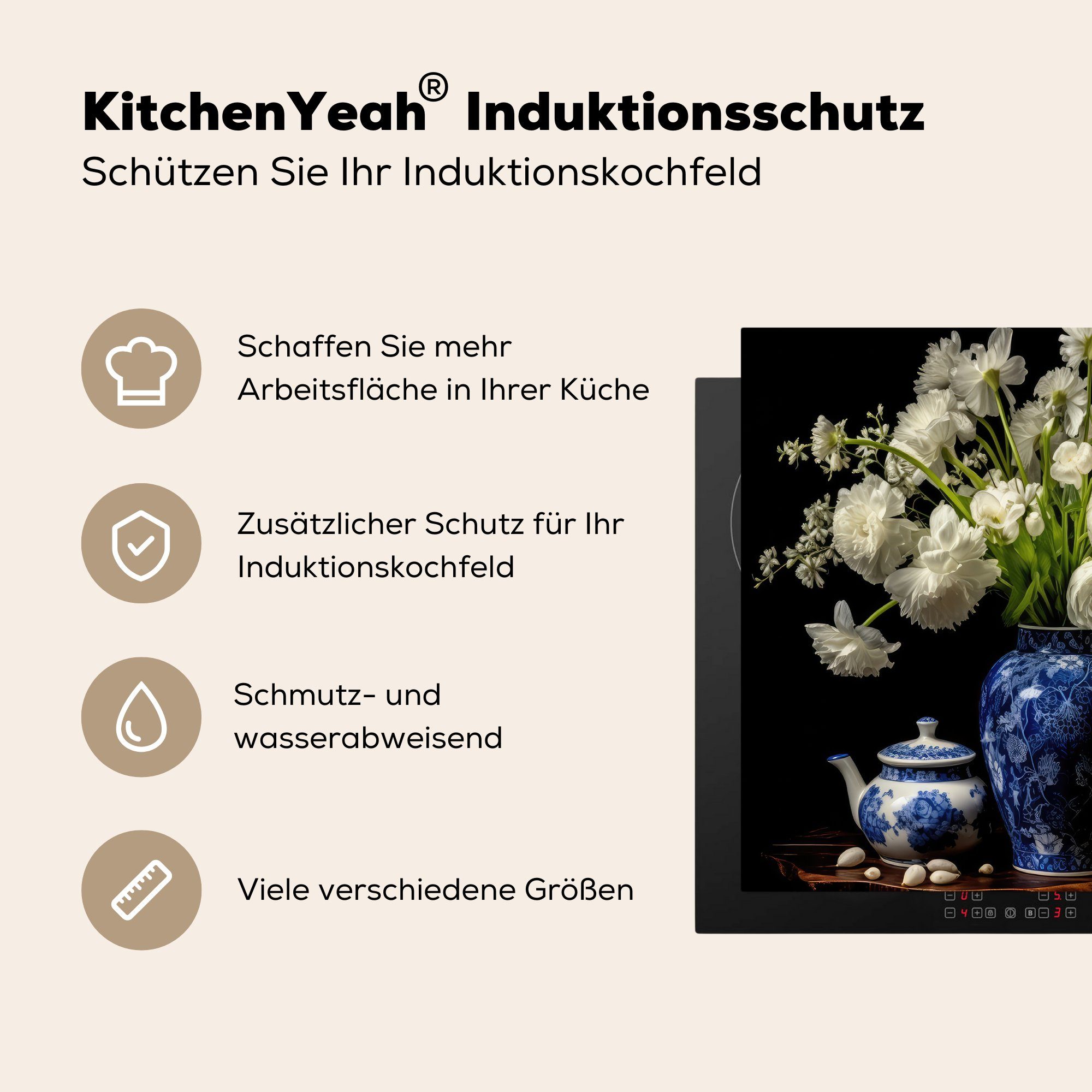 nutzbar, Mobile MuchoWow - Delfter - 60x52 Arbeitsfläche Blumen Blau tlg), cm, Vinyl, Ceranfeldabdeckung (1 Stilleben, Herdblende-/Abdeckplatte Krug -