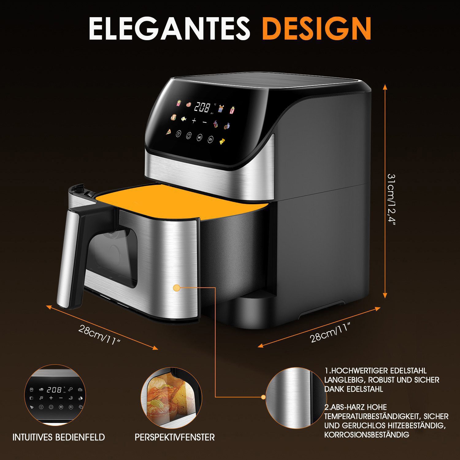 oyajia Heißluftfritteuse Heißluftfritteuse XXL 8L mit Sichtfenster, Friteuse ohne Öl 80°C-200°C, 1800 W, Airfryer mit 10 Programmen, Beleuchtung, Timer und Touc – Bild 5 von 5