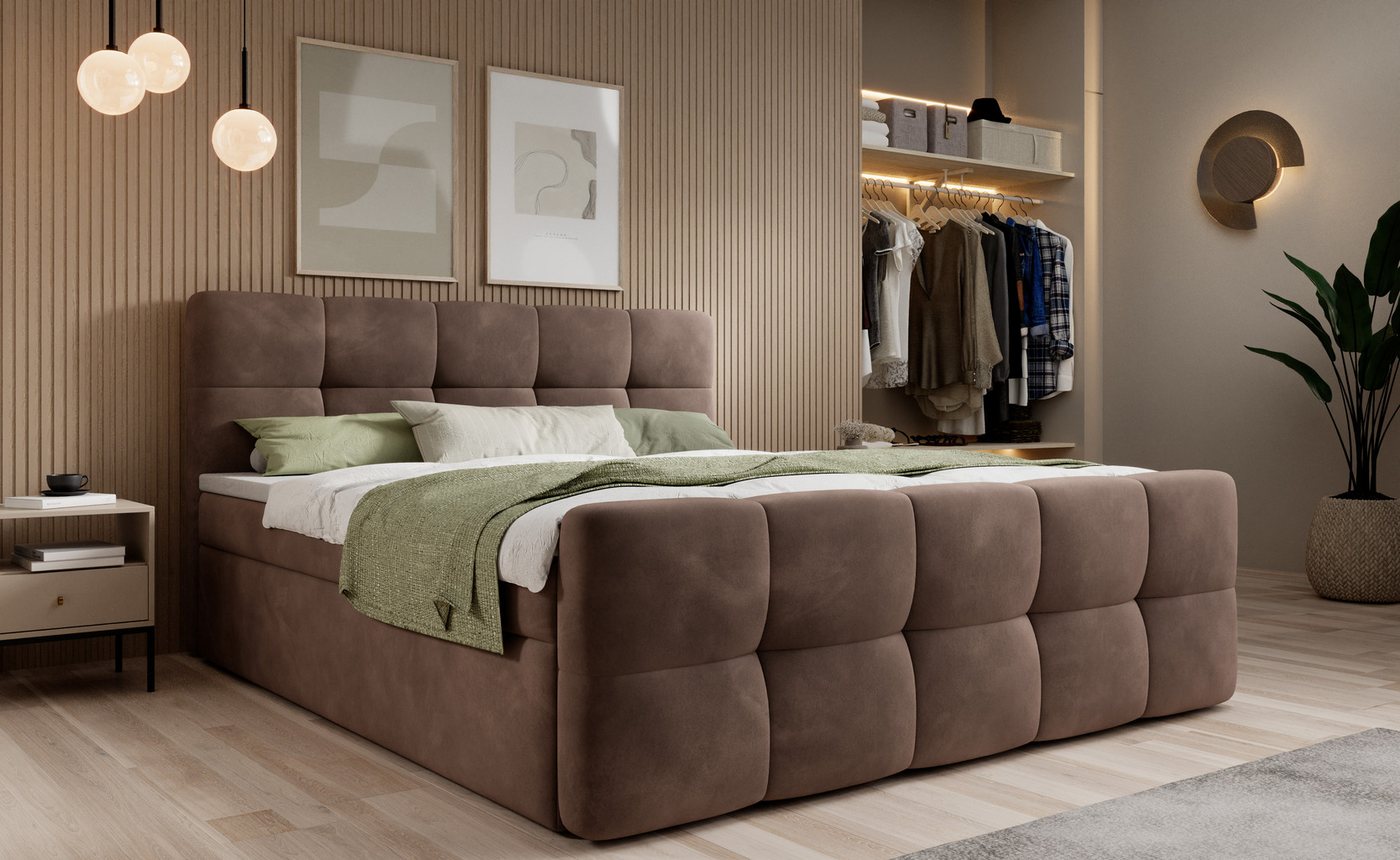 thematys Boxbett mit Bettkasten 140x200–200x200 cm – Velours oder Bouclé Bezug – (Polsterbett Bonnellfederkern Matratze H3 + Gratis 3cm Topper, Boxbett - Luxus Doppelbett mit Stauraum)