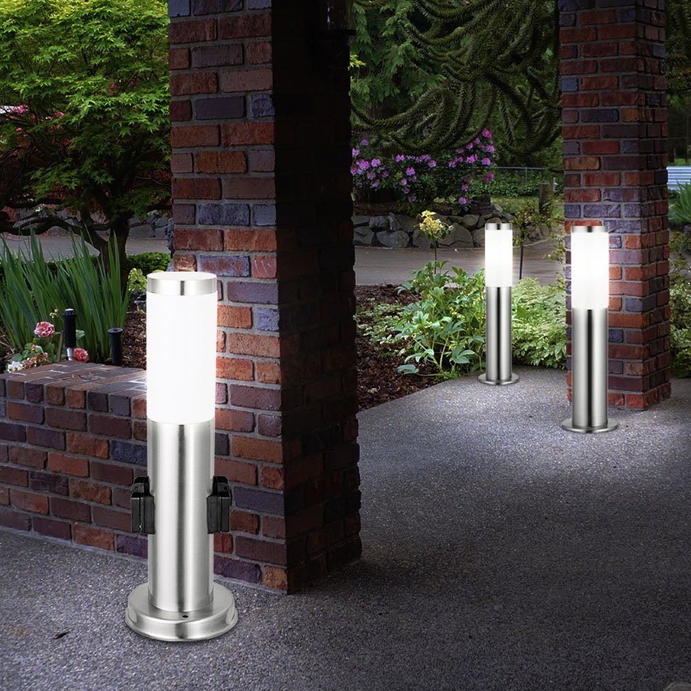 etc-shop LED Außen-Stehlampe, Leuchtmittel inklusive, Warmweiß, 3er Set Steh Leuchten Außen Steckdosen Edelstahl Stand Lampen im Set-