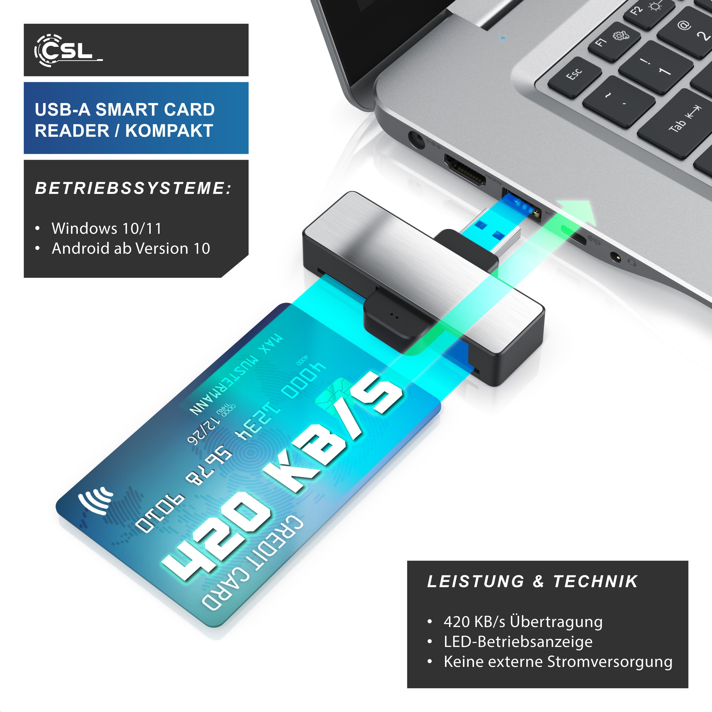 CSL Speicherkartenleser USB Smart Card Reader / Chipkartenleser und Schreiber, ISO 7816, Win 10–11, Android, Personalausweis, Krankenkassen & Bankkarten