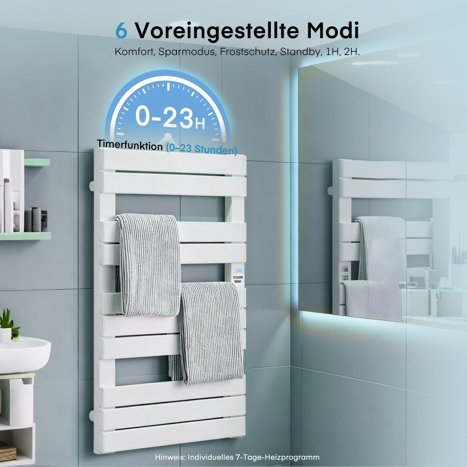 FOHERE Elektrischer Badheizkörper Handtuchwärmer mit 6 Temperaturvorwahlen, mit Zeitschaltuhr, kabelgebunden und steckerfertig – Bild 3 von 5